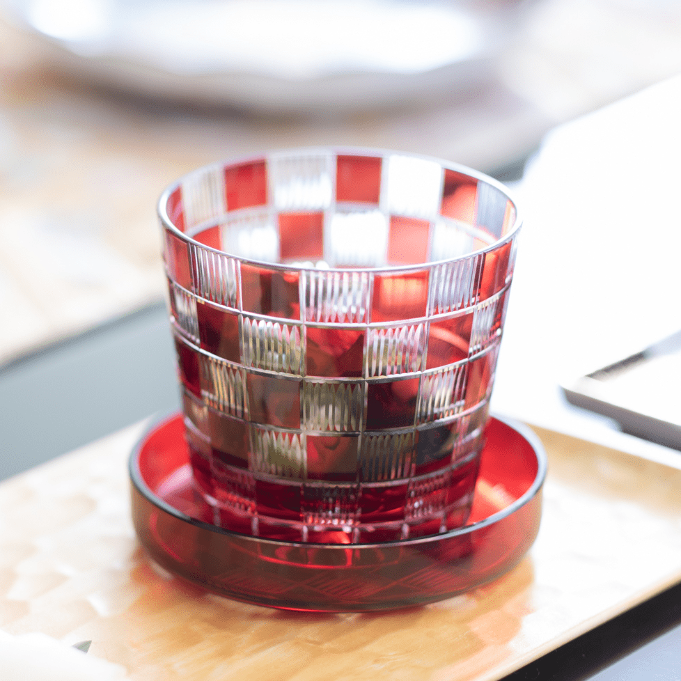 Hirota Checkered Pattern Edo Kiriko Glass Soba Choko Cup with Lid - MUSUBI KILN - Quality Japanese Tableware and Gift