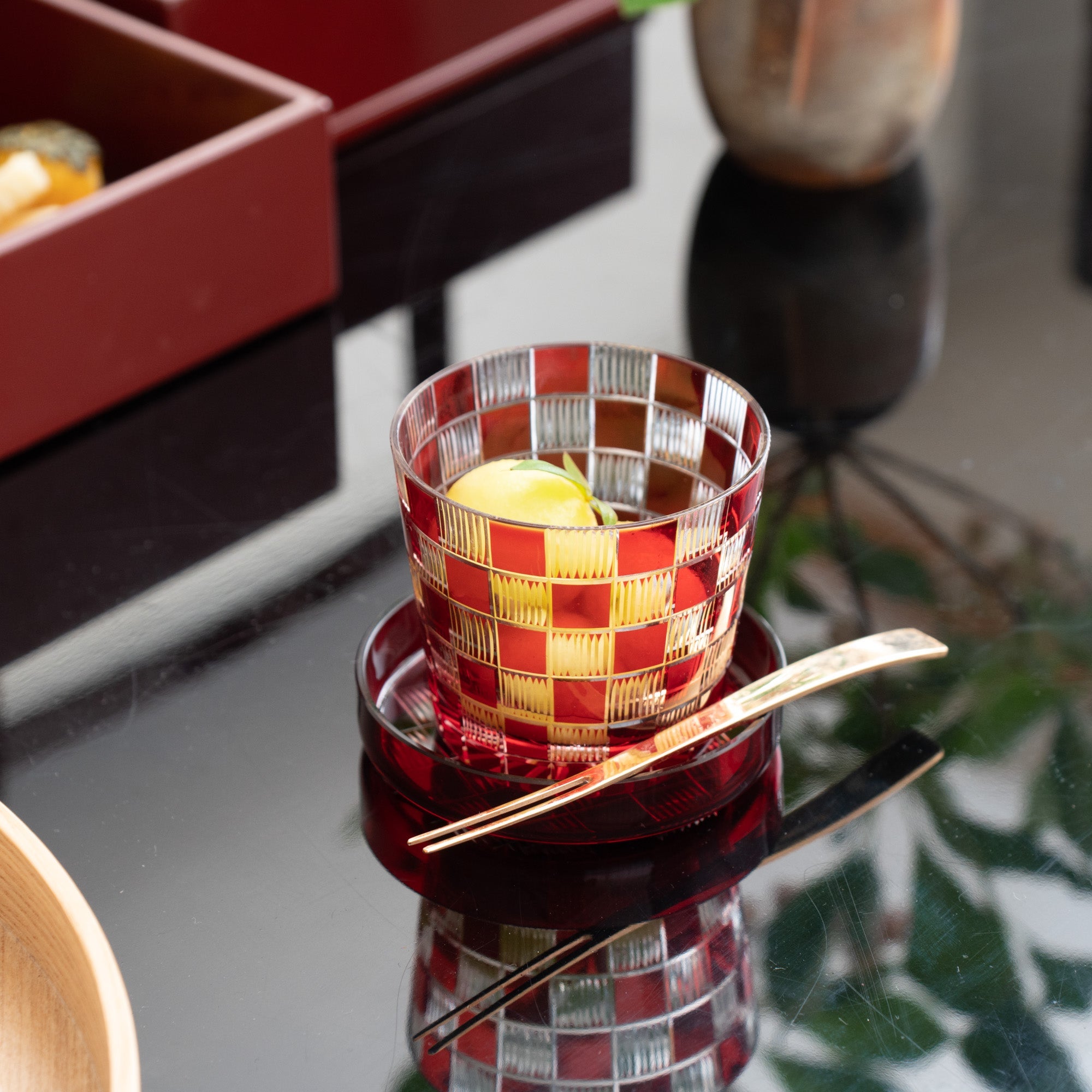 Hirota Checkered Pattern Edo Kiriko Glass Soba Choko Cup with Lid - MUSUBI KILN - Quality Japanese Tableware and Gift