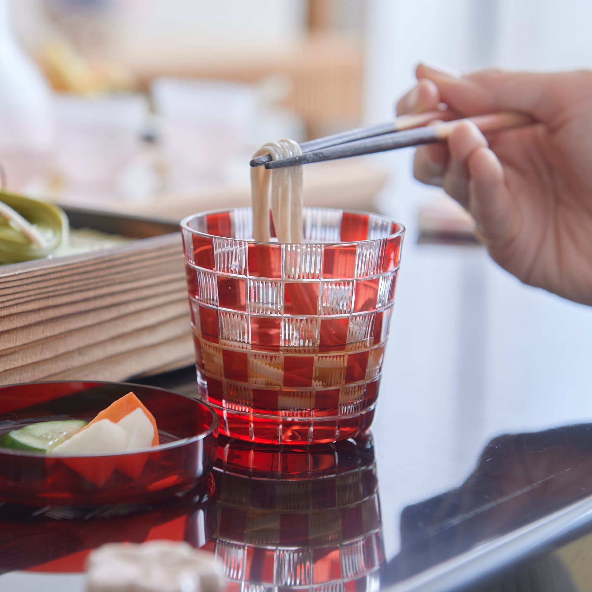 Hirota Checkered Pattern Edo Kiriko Glass Soba Choko Cup with Lid - MUSUBI KILN - Quality Japanese Tableware and Gift