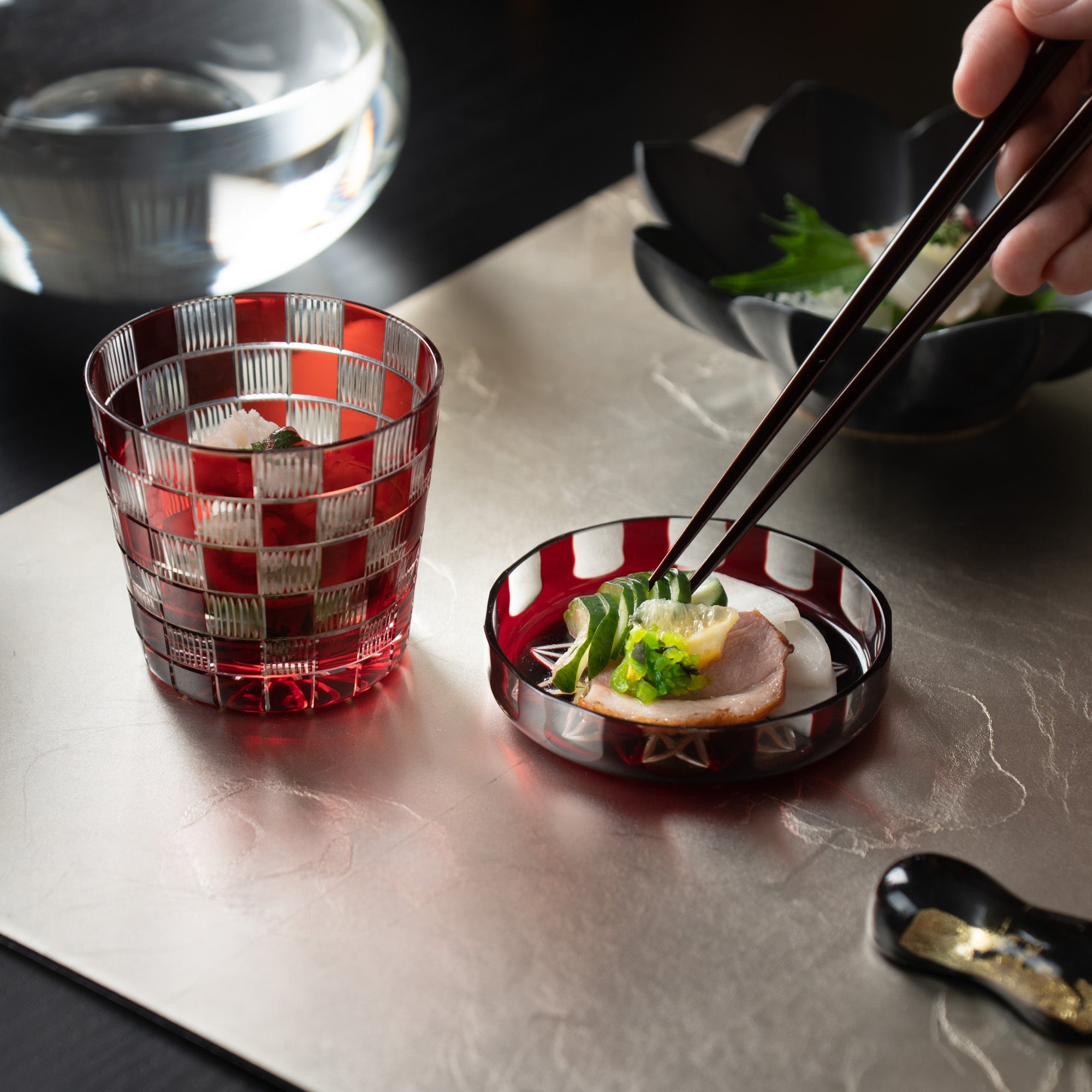 Hirota Checkered Pattern Edo Kiriko Glass Soba Choko Cup with Lid - MUSUBI KILN - Quality Japanese Tableware and Gift