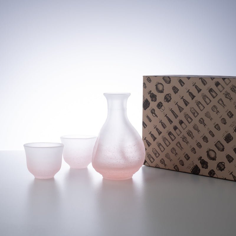 Hirota Pink Fubuki 3 - Piece Edo Glass Sake Set - MUSUBI KILN - Quality Japanese Tableware and Gift