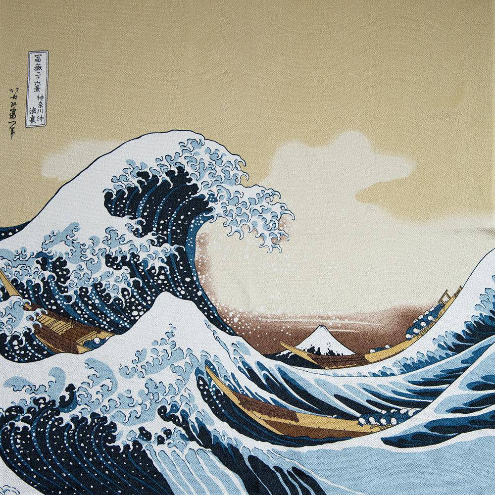 Hokusai Wave Chirimen Yuzen Furoshiki Wrapping Cloth 27in - MUSUBI KILN - Quality Japanese Tableware and Gift