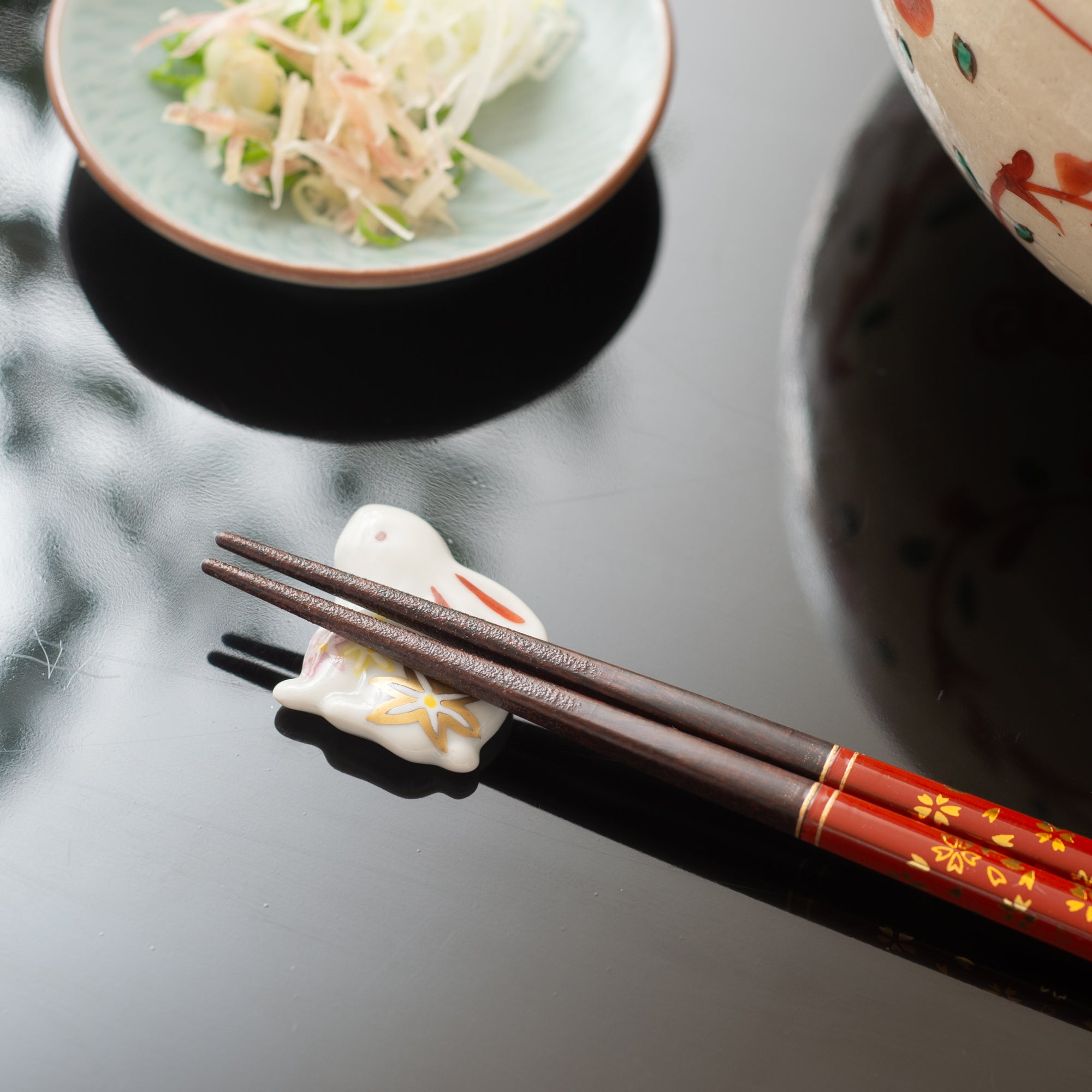 Hozan Kiln Flower Kinsai Rabbit Kyo Ware Chopstick Rest Set - MUSUBI KILN - Quality Japanese Tableware and Gift