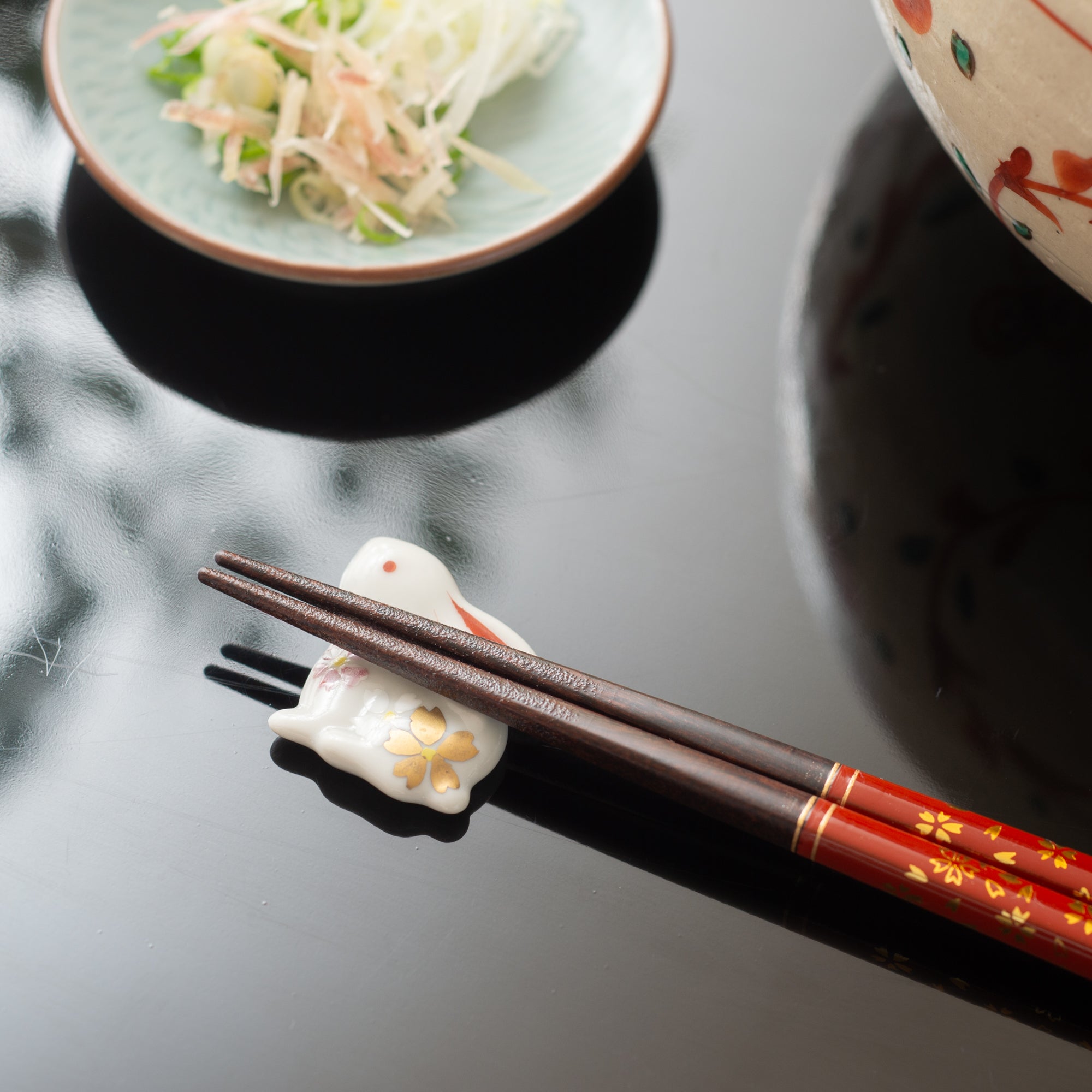 Hozan Kiln Flower Kinsai Rabbit Kyo Ware Chopstick Rest Set - MUSUBI KILN - Quality Japanese Tableware and Gift