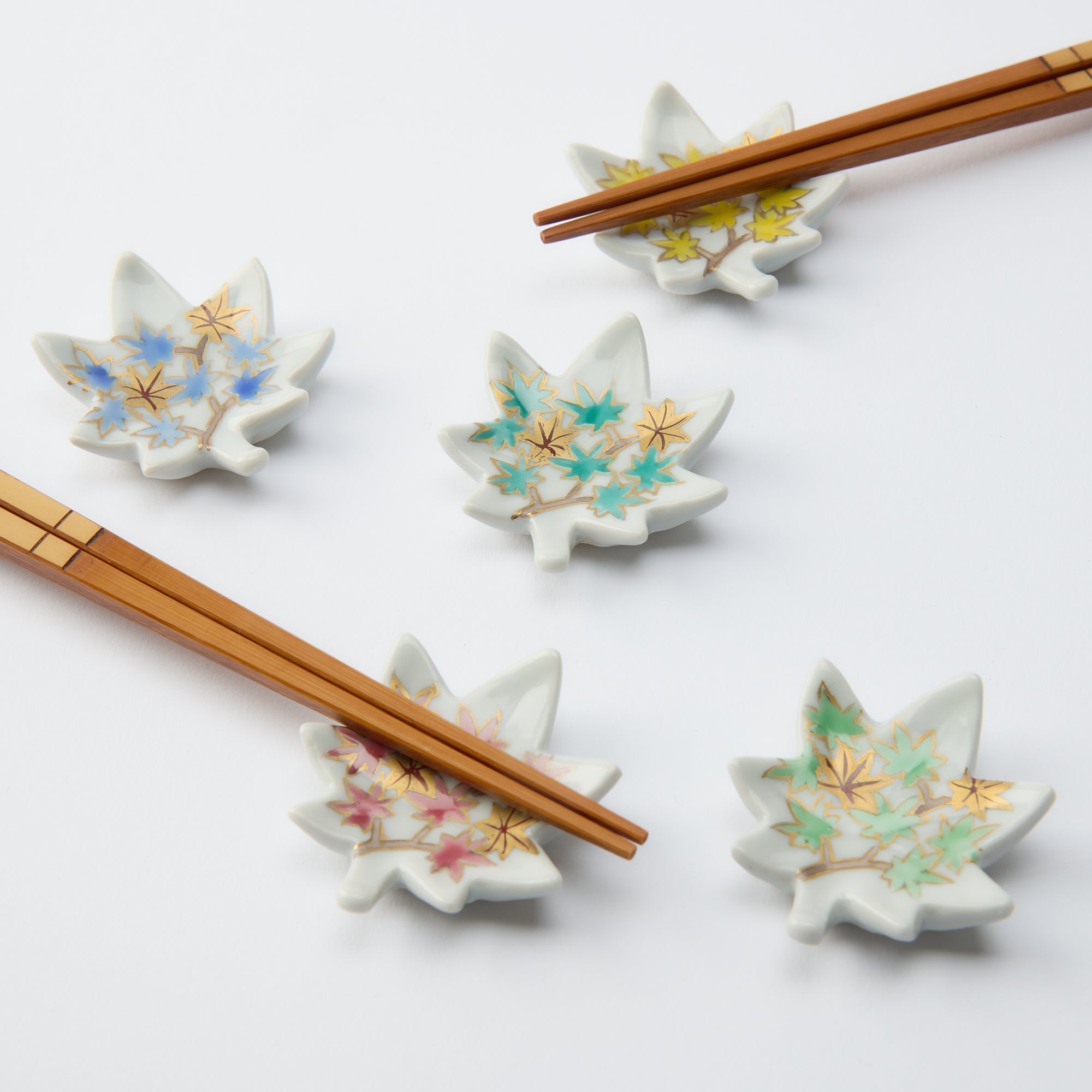 Hozan Kiln Kinsai Autumn Leaves Kyo Ware Chopstick Rest Set - MUSUBI KILN - Quality Japanese Tableware and Gift