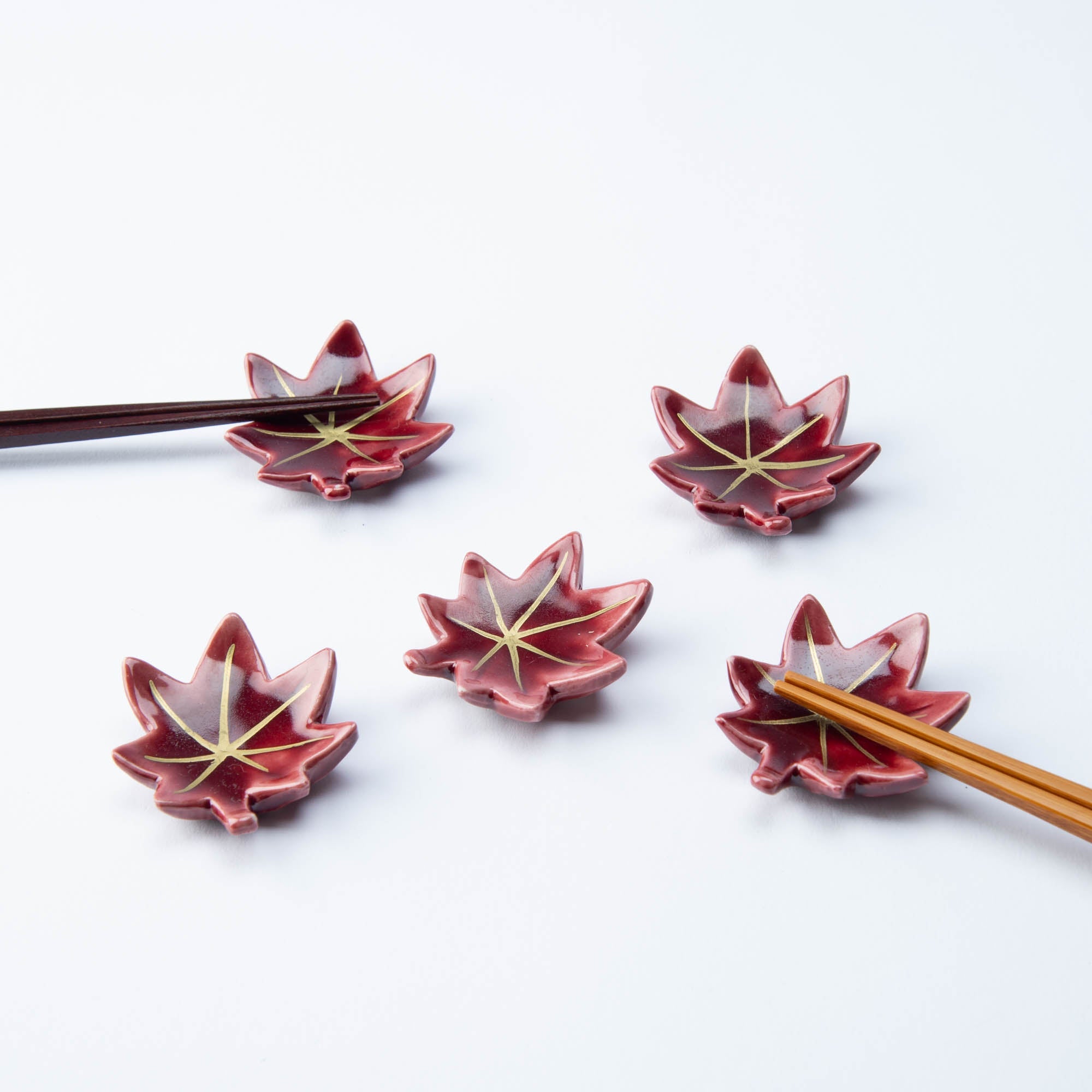 Hozan Kiln Red Autumn Leaves Kyo Ware Chopstick Rest Set - MUSUBI KILN - Quality Japanese Tableware and Gift