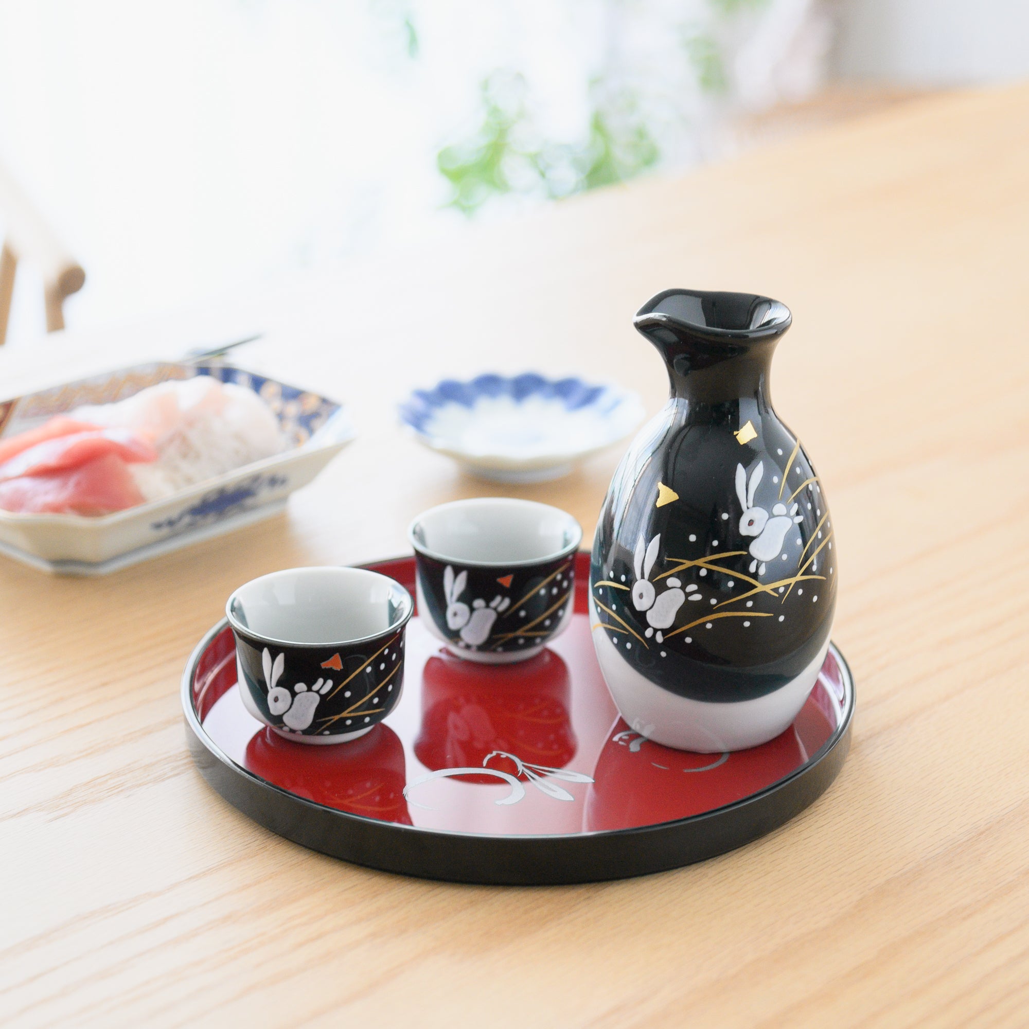 Jumping Rabbit Kutani Sake Set with Tray - MUSUBI KILN - Quality Japanese Tableware and Gift