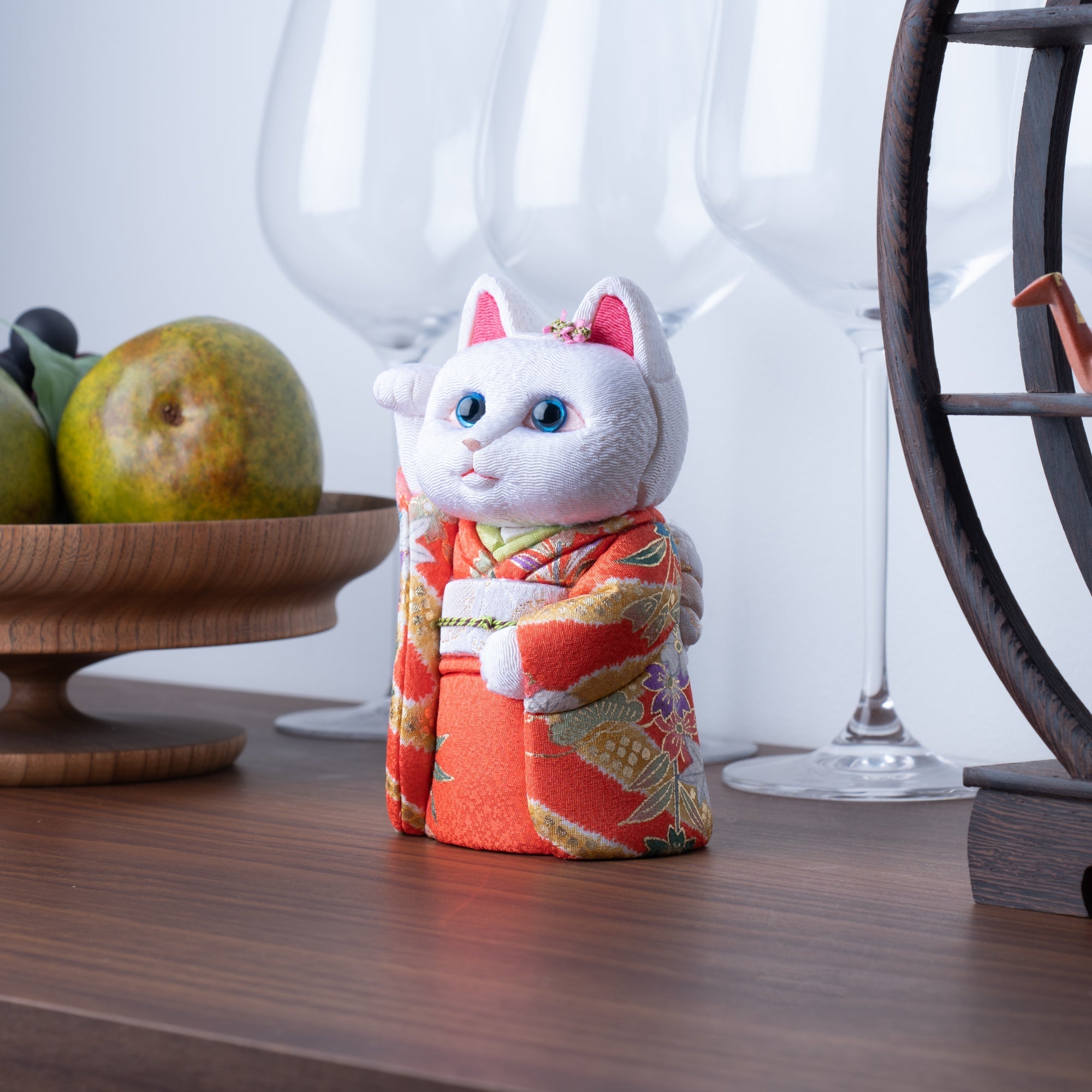 Kakinuma Ningyo Furisode Edo Kimekomi Doll Lucky Cat - Orange - MUSUBI KILN - Quality Japanese Tableware and Gift