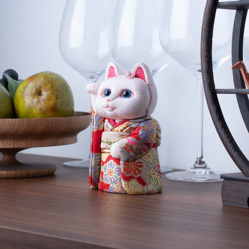 Kakinuma Ningyo Furisode Edo Kimekomi Doll Lucky Cat - Red - MUSUBI KILN - Quality Japanese Tableware and Gift