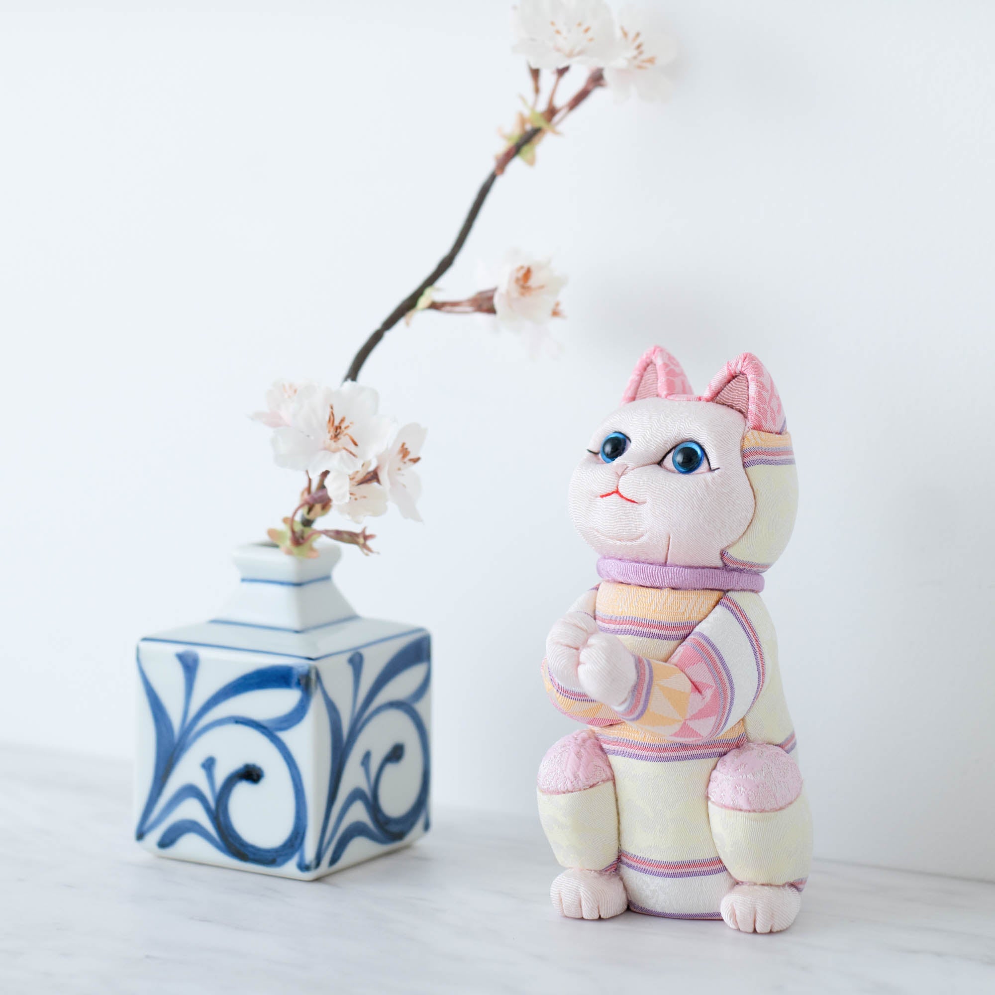 Kakinuma Ningyo Striped Wish Upon a Star Edo Kimekomi Doll Lucky Cat - Pink - MUSUBI KILN - Quality Japanese Tableware and Gift