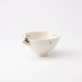 Kikusho Kiln Blue Dot Cat Hasami Japanese Rice Bowl - MUSUBI KILN - Quality Japanese Tableware and Gift