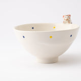 Kikusho Kiln Blue Dot Cat Hasami Japanese Rice Bowl - MUSUBI KILN - Quality Japanese Tableware and Gift