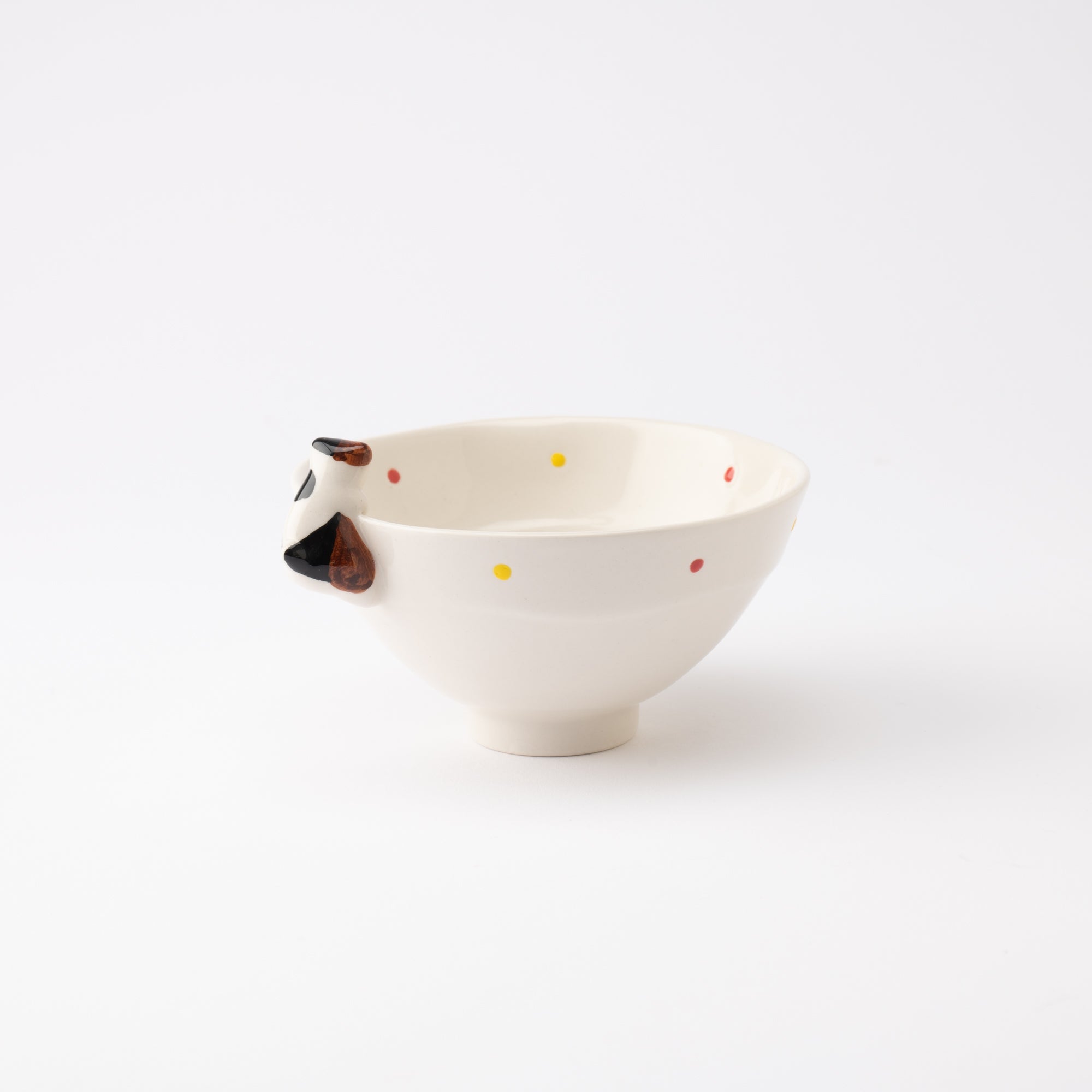 Kikusho Kiln Red Dot Cat Hasami Japanese Rice Bowl - MUSUBI KILN - Quality Japanese Tableware and Gift