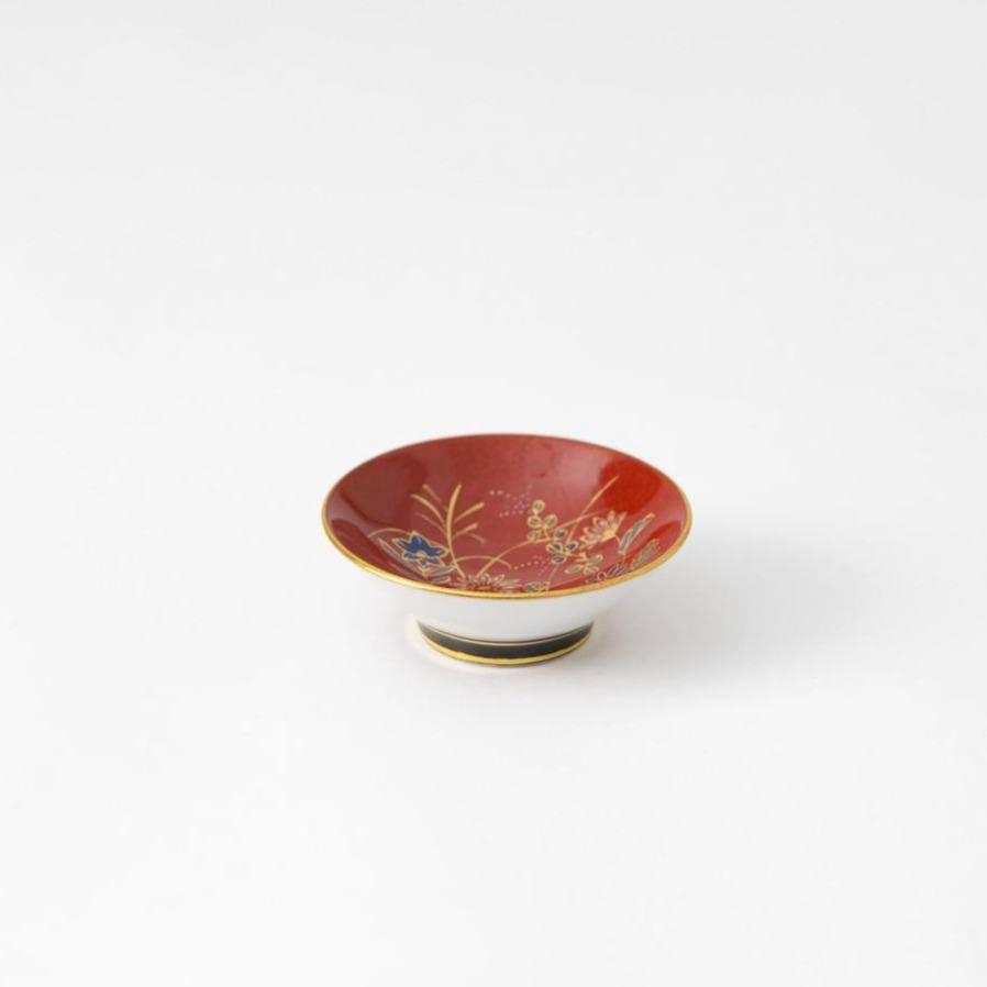 Kinzan Kiln Red Shugu Kutani Sakazuki Flat Sake Cup - MUSUBI KILN - Quality Japanese Tableware and Gift