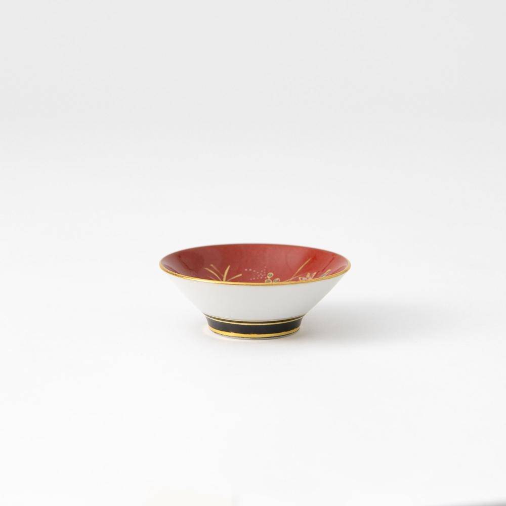 Kinzan Kiln Red Shugu Kutani Sakazuki Flat Sake Cup - MUSUBI KILN - Quality Japanese Tableware and Gift