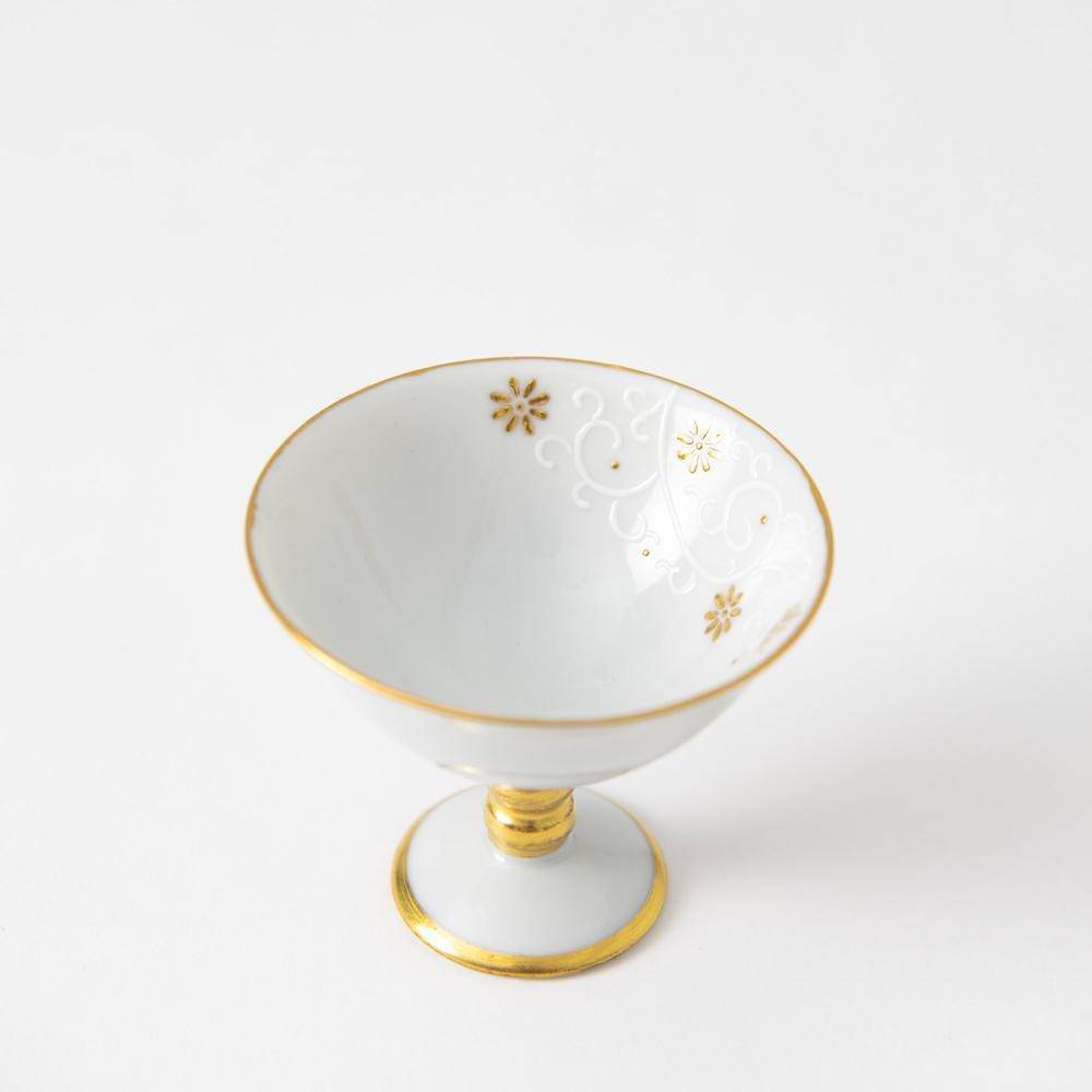 Kinzan Kiln Shugu Gold Flowers and Arabesque Sakazuki High Stand Sake Cup - MUSUBI KILN - Quality Japanese Tableware and Gift