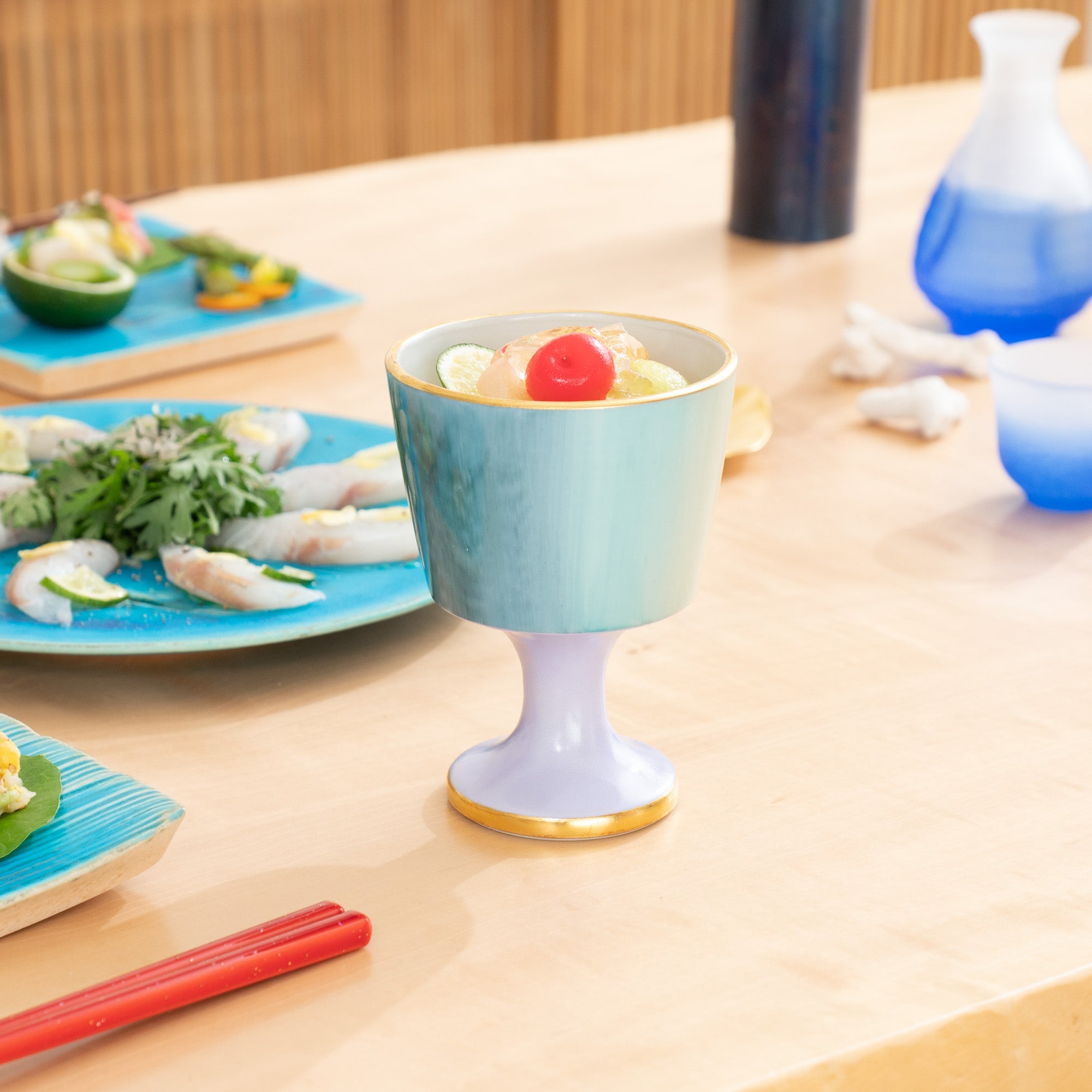 Kinzan Kiln Ukiyo Guinomi High Stand Sake Cup - MUSUBI KILN - Quality Japanese Tableware and Gift