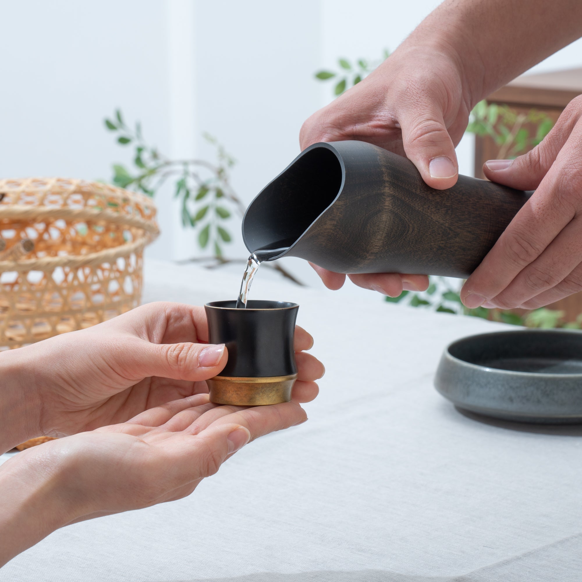 Kisen Bamboo Short Black Lacquer and Gold Takaoka Copperware Guinomi Sake Cup - MUSUBI KILN - Quality Japanese Tableware and Gift