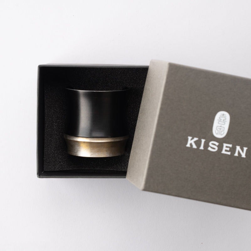 Kisen Bamboo Short Black Lacquer and Silver Takaoka Copperware Guinomi Sake Cup - MUSUBI KILN - Quality Japanese Tableware and Gift