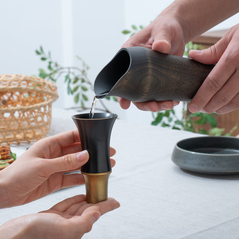 Kisen Bamboo Tall Black Lacquer and Gold Takaoka Copperware Guinomi Sake Cup - MUSUBI KILN - Quality Japanese Tableware and Gift