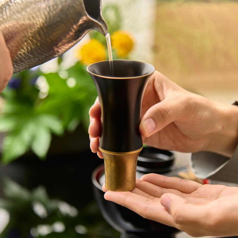 Kisen Bamboo Tall Black Lacquer and Gold Takaoka Copperware Guinomi Sake Cup - MUSUBI KILN - Quality Japanese Tableware and Gift