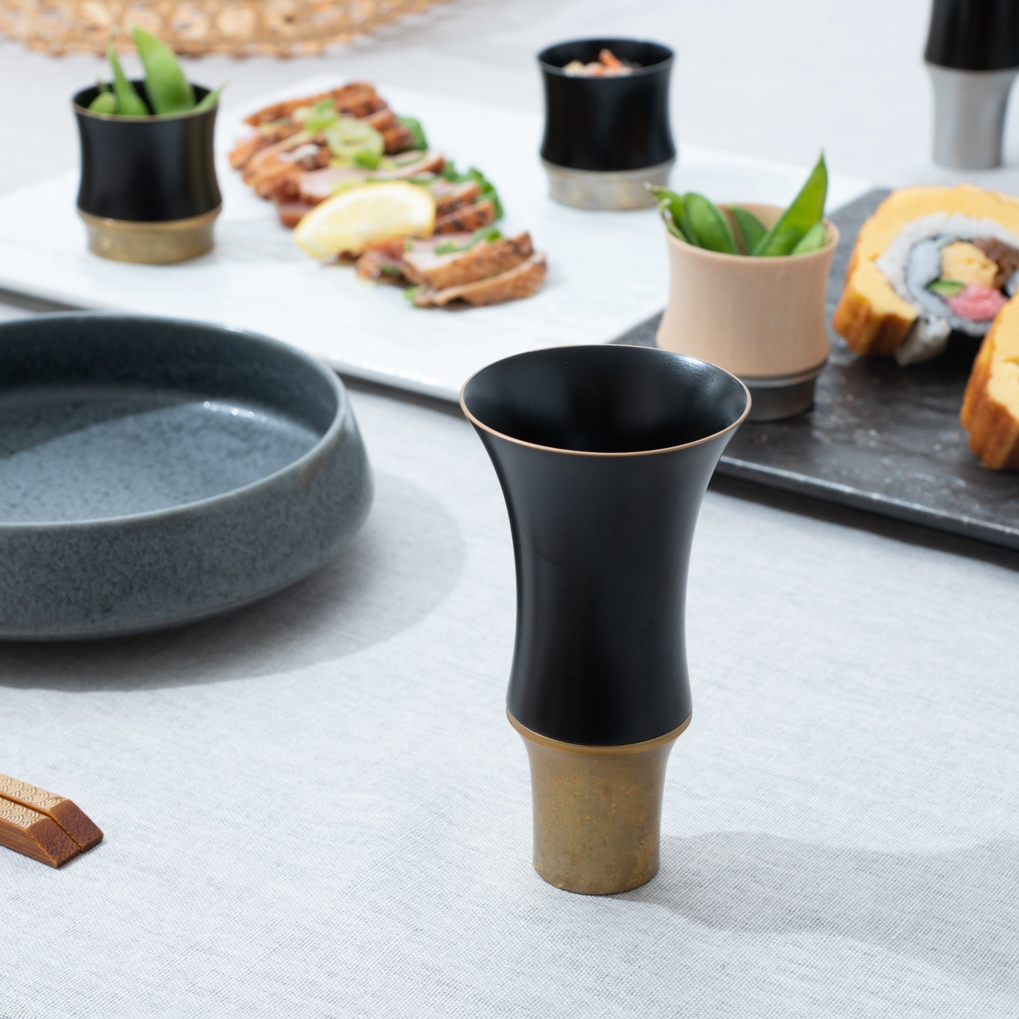 Kisen Bamboo Tall Black Lacquer and Gold Takaoka Copperware Guinomi Sake Cup - MUSUBI KILN - Quality Japanese Tableware and Gift