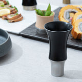 Kisen Bamboo Tall Black Lacquer and Silver Takaoka Copperware Guinomi Sake Cup - MUSUBI KILN - Quality Japanese Tableware and Gift