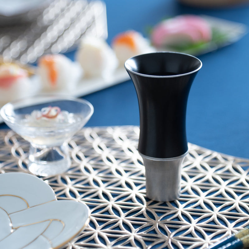 Kisen Bamboo Tall Black Lacquer and Silver Takaoka Copperware Guinomi Sake Cup - MUSUBI KILN - Quality Japanese Tableware and Gift