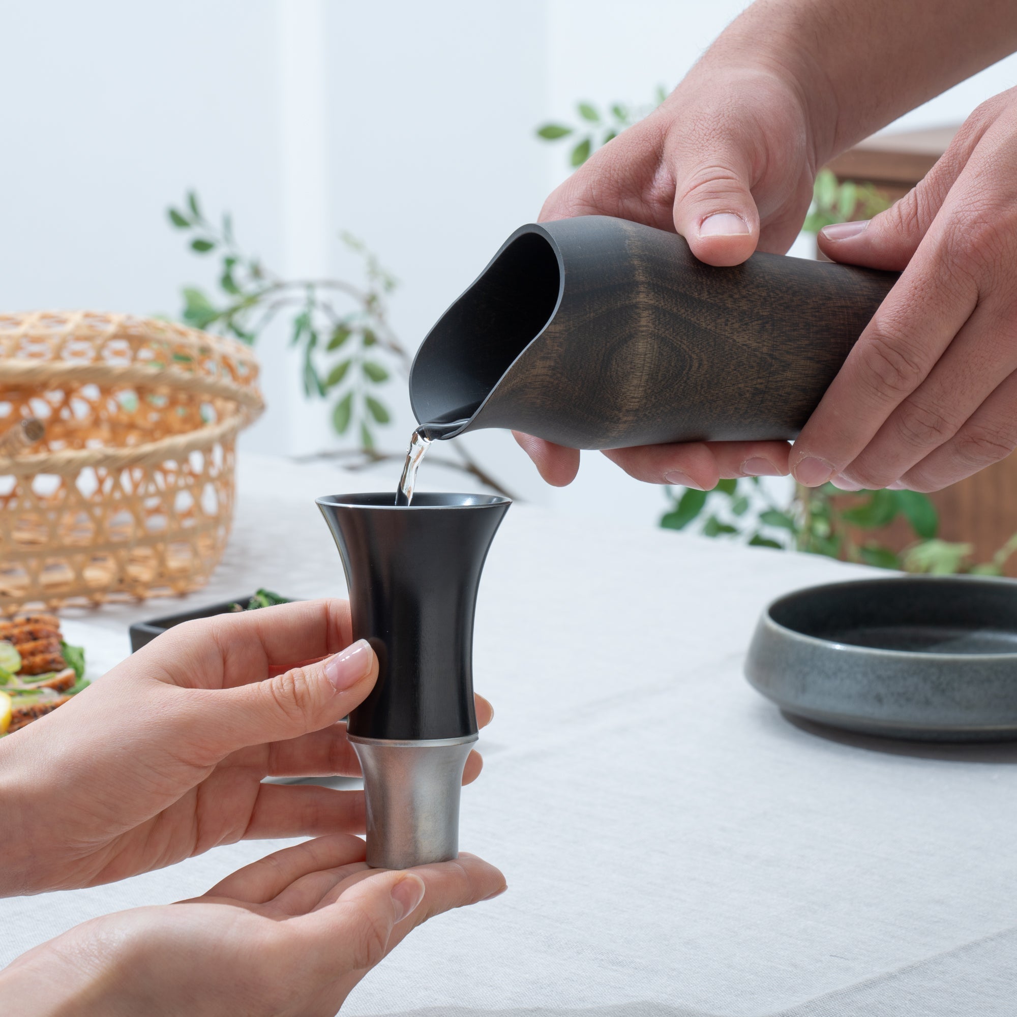 Kisen Bamboo Tall Black Lacquer and Silver Takaoka Copperware Guinomi Sake Cup - MUSUBI KILN - Quality Japanese Tableware and Gift