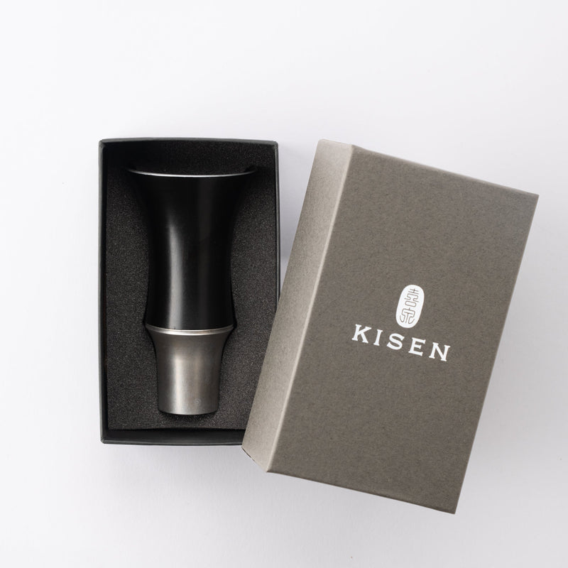 Kisen Bamboo Tall Black Lacquer and Silver Takaoka Copperware Guinomi Sake Cup - MUSUBI KILN - Quality Japanese Tableware and Gift