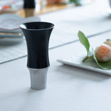 Kisen Bamboo Tall Black Lacquer and Silver Takaoka Copperware Guinomi Sake Cup - MUSUBI KILN - Quality Japanese Tableware and Gift