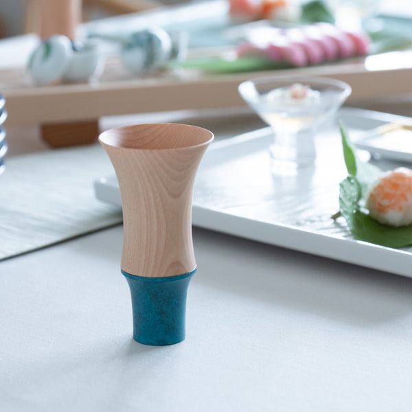 Kisen Bamboo Tall Turquoise Takaoka Copperware Guinomi Sake Cup - MUSUBI KILN - Quality Japanese Tableware and Gift