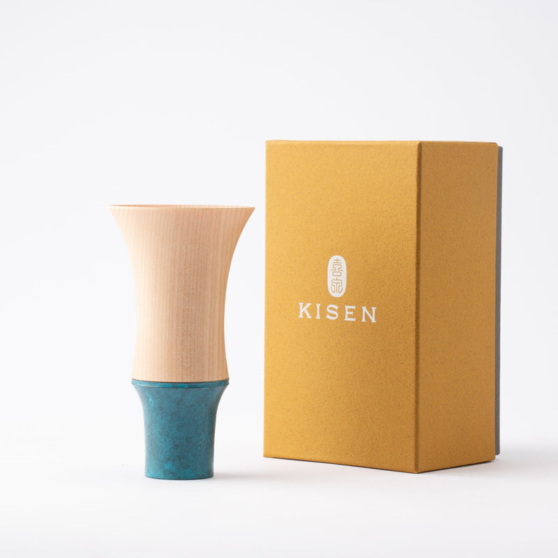 Kisen Bamboo Tall Turquoise Takaoka Copperware Guinomi Sake Cup - MUSUBI KILN - Quality Japanese Tableware and Gift