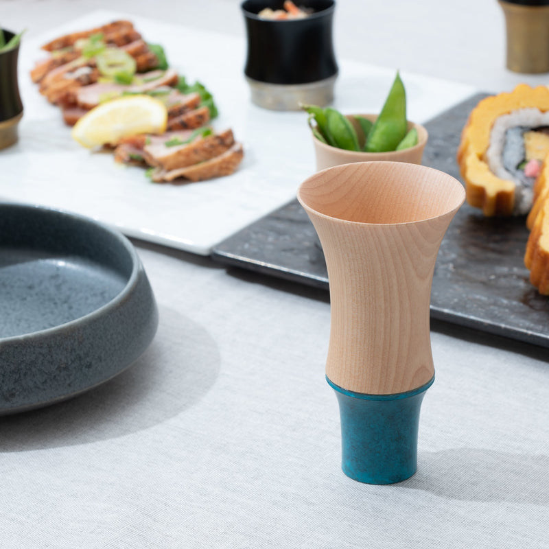 Kisen Bamboo Tall Turquoise Takaoka Copperware Guinomi Sake Cup - MUSUBI KILN - Quality Japanese Tableware and Gift