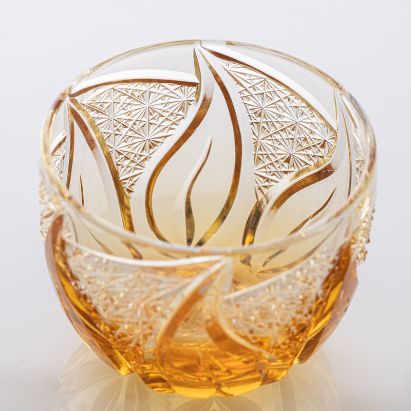 Kiyohide Glass Amber Flame Edo Kiriko Cut Glass Guinomi Sake Cup - MUSUBI KILN - Quality Japanese Tableware and Gift