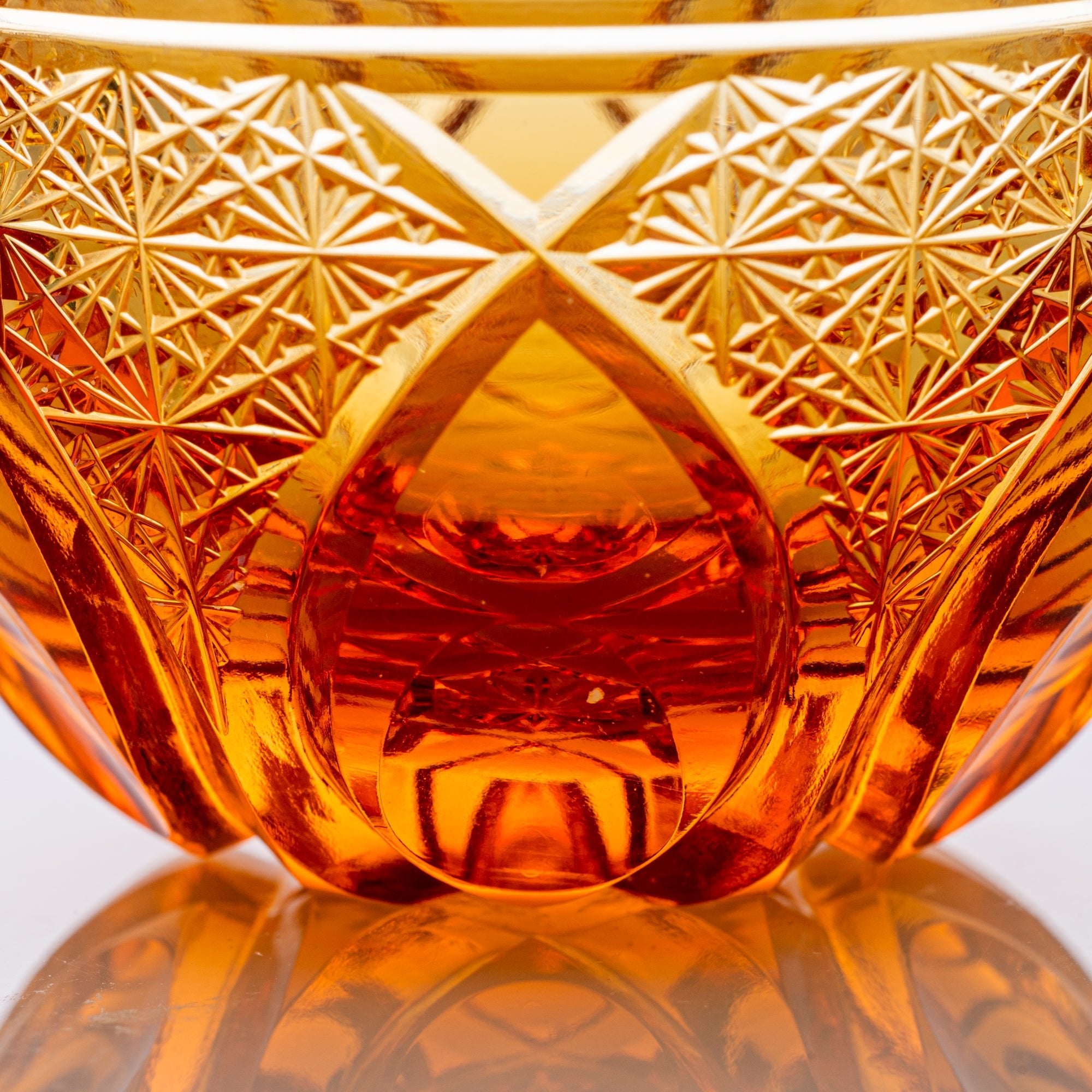 Kiyohide Glass Amber Flower Petals Edo Kiriko Cut Glass Guinomi Sake Cup - MUSUBI KILN - Quality Japanese Tableware and Gift