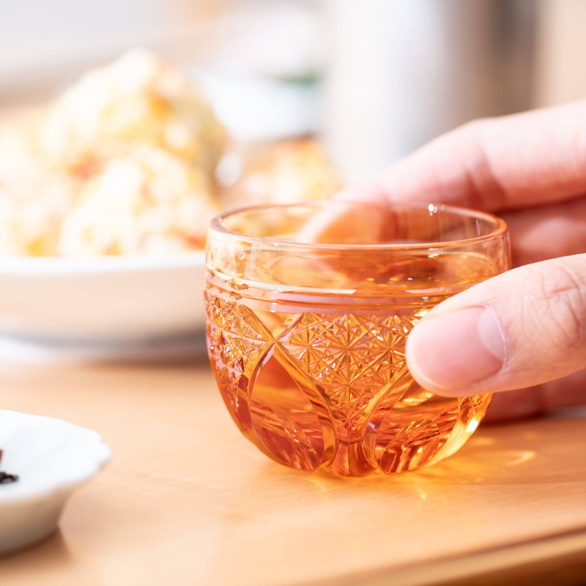 Kiyohide Glass Amber Flower Petals Edo Kiriko Cut Glass Guinomi Sake Cup - MUSUBI KILN - Quality Japanese Tableware and Gift