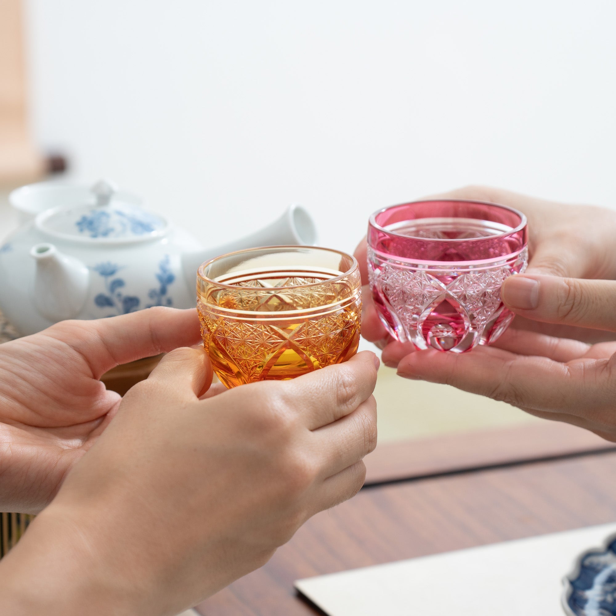 Kiyohide Glass Amber Flower Petals Edo Kiriko Cut Glass Guinomi Sake Cup - MUSUBI KILN - Quality Japanese Tableware and Gift