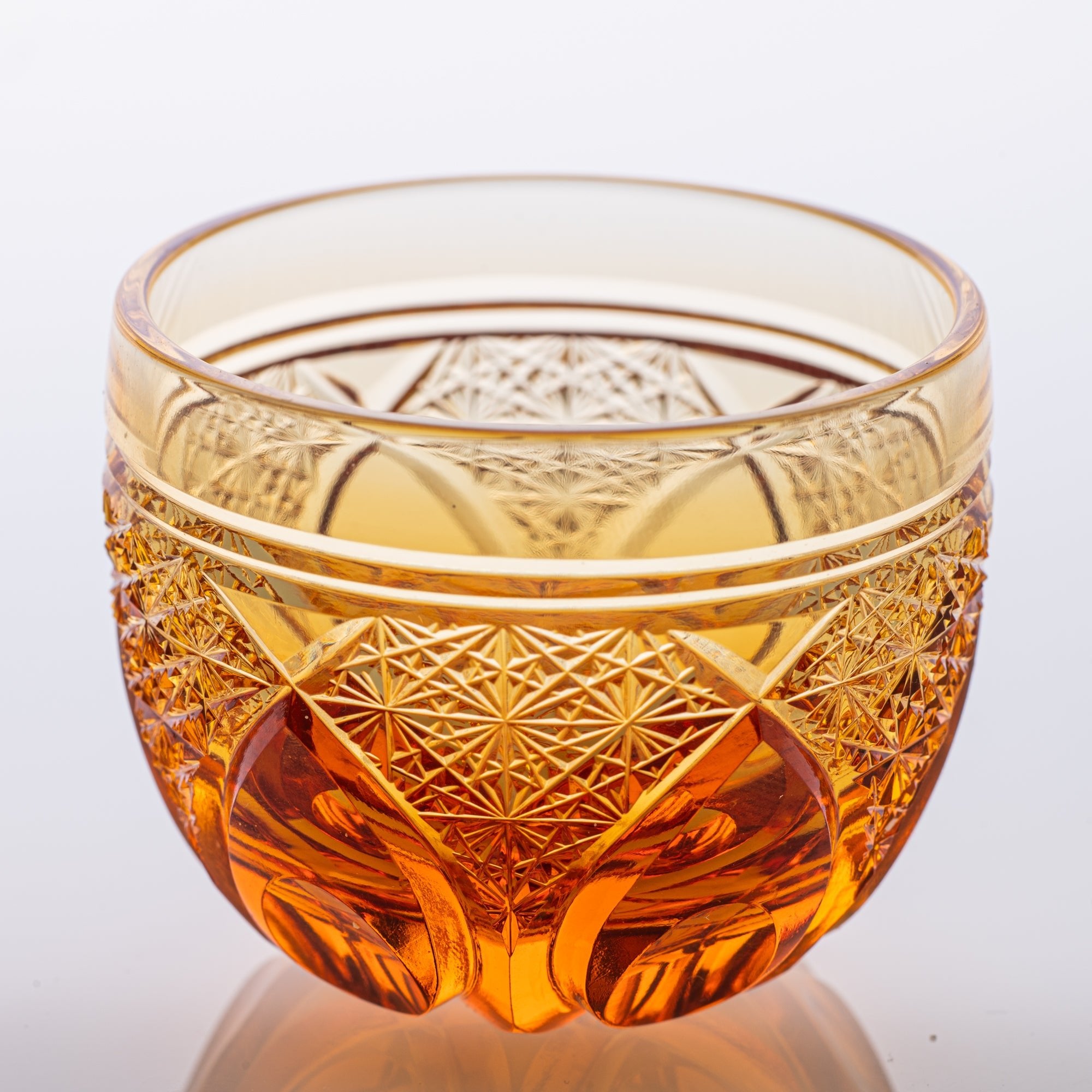 Kiyohide Glass Amber Flower Petals Edo Kiriko Cut Glass Guinomi Sake Cup - MUSUBI KILN - Quality Japanese Tableware and Gift