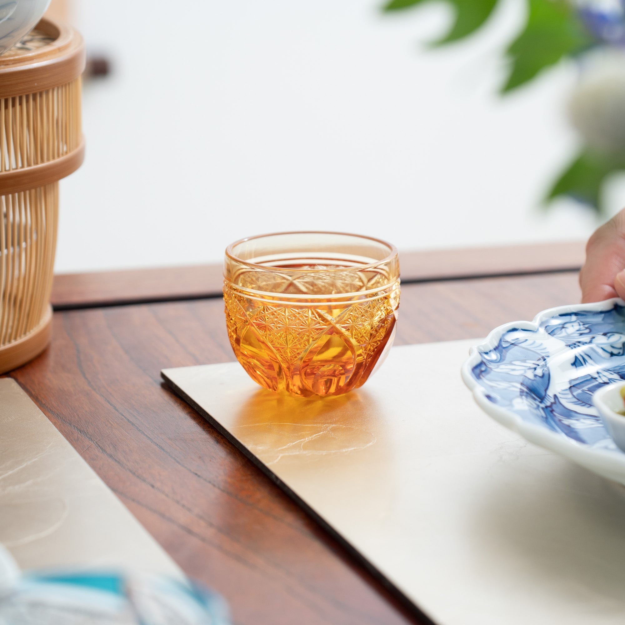 Kiyohide Glass Amber Flower Petals Edo Kiriko Cut Glass Guinomi Sake Cup - MUSUBI KILN - Quality Japanese Tableware and Gift