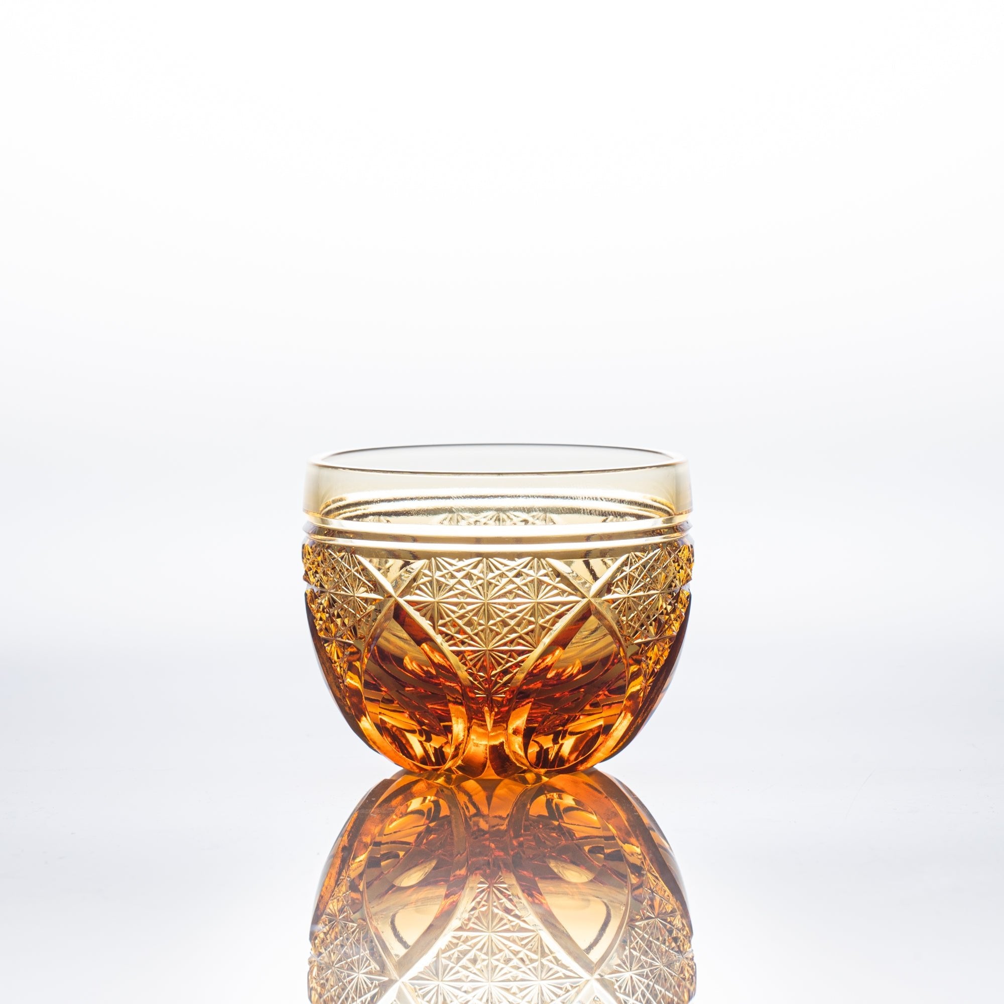 Kiyohide Glass Amber Flower Petals Edo Kiriko Cut Glass Guinomi Sake Cup - MUSUBI KILN - Quality Japanese Tableware and Gift