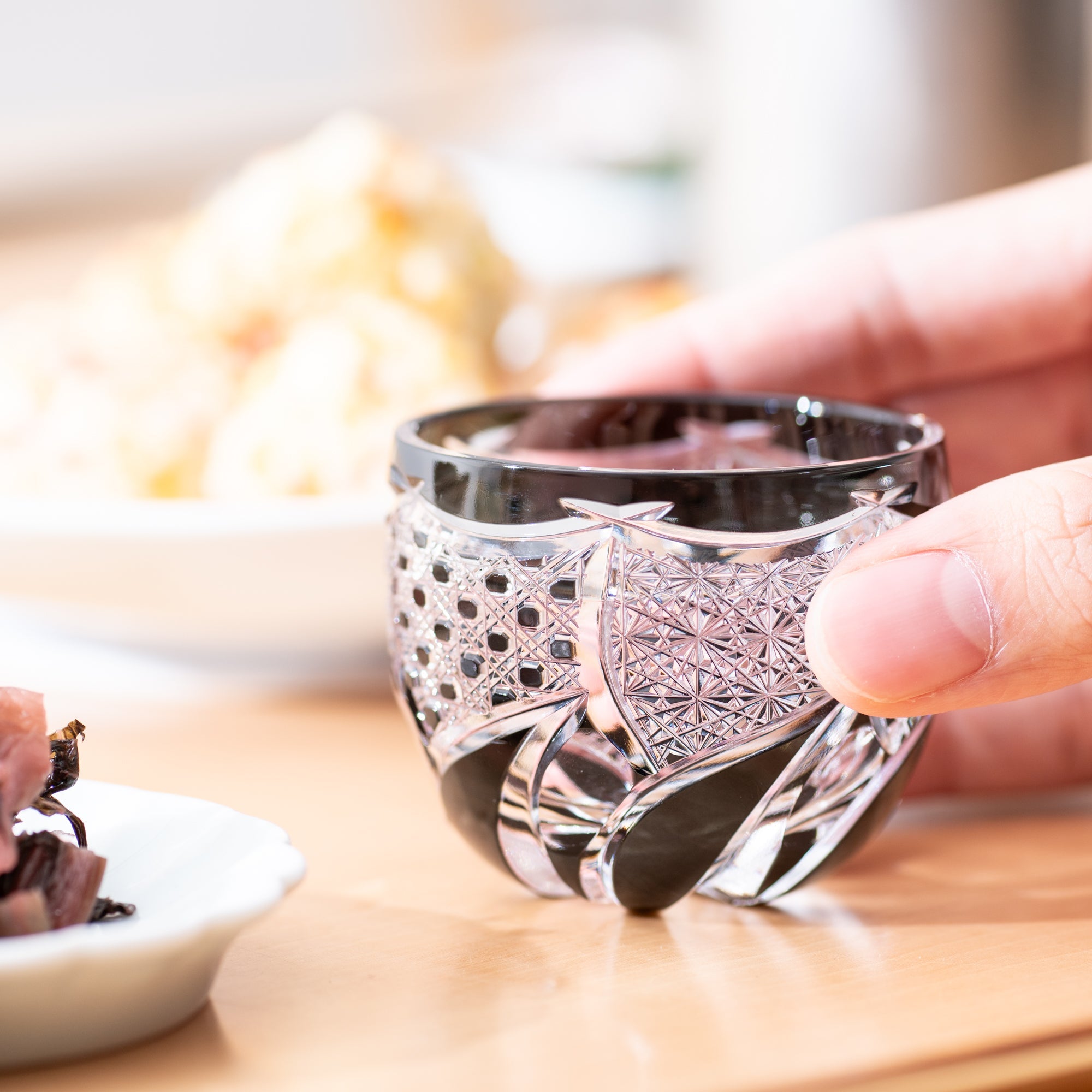 Kiyohide Glass Black Windmill Edo Kiriko Cut Glass Guinomi Sake Cup - MUSUBI KILN - Quality Japanese Tableware and Gift