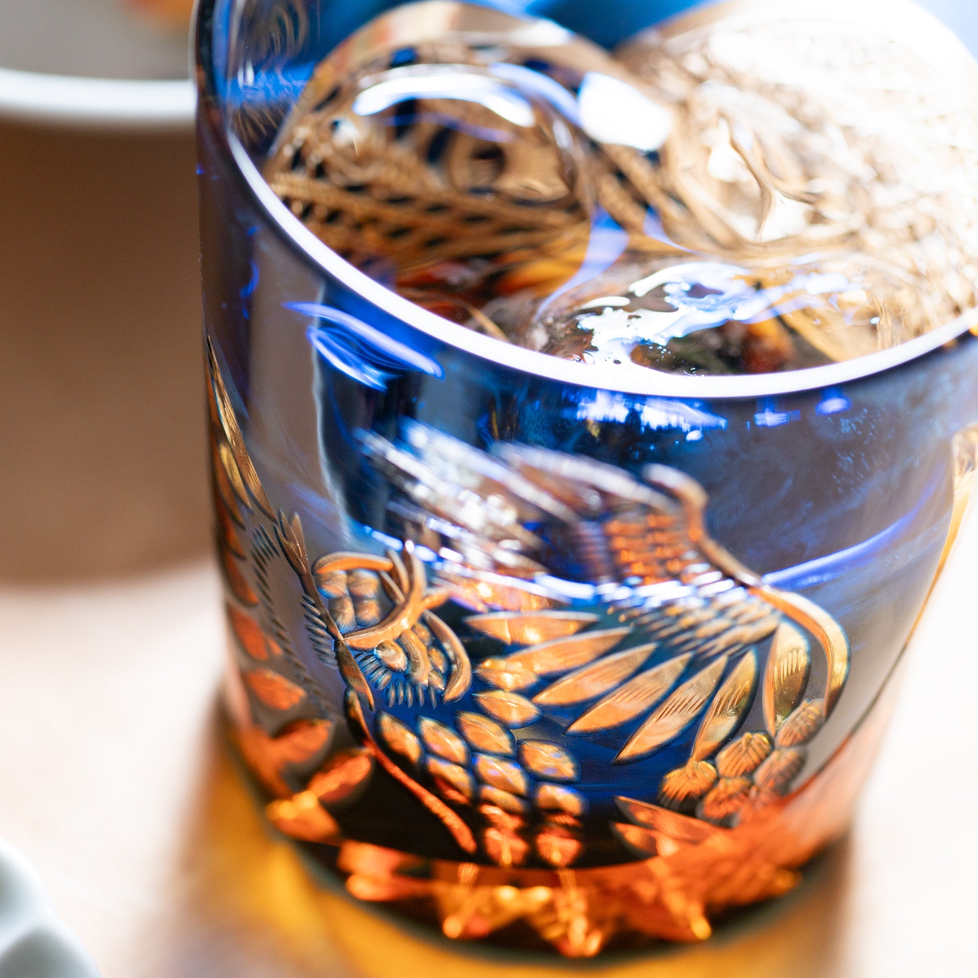 Kiyohide Glass Blue Amber Owl Edo Kiriko Rocks Glass - MUSUBI KILN - Quality Japanese Tableware and Gift