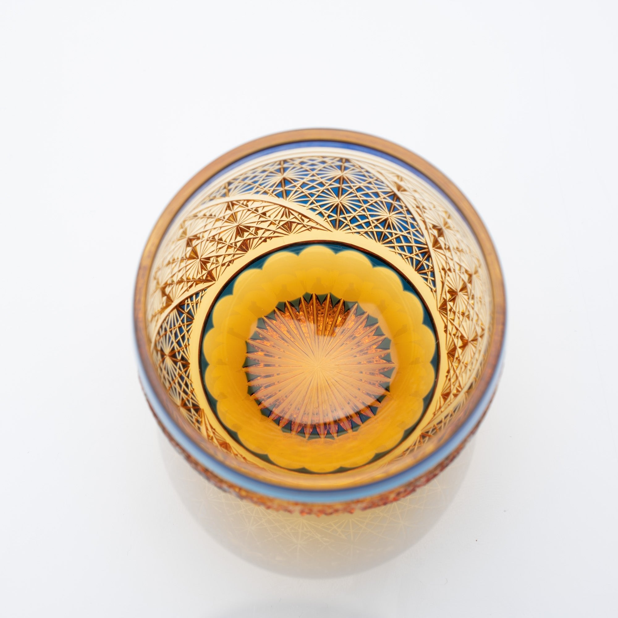 Kiyohide Glass Blue Amber Whirlwind Edo Kiriko Guinomi Sake Cup - MUSUBI KILN - Quality Japanese Tableware and Gift