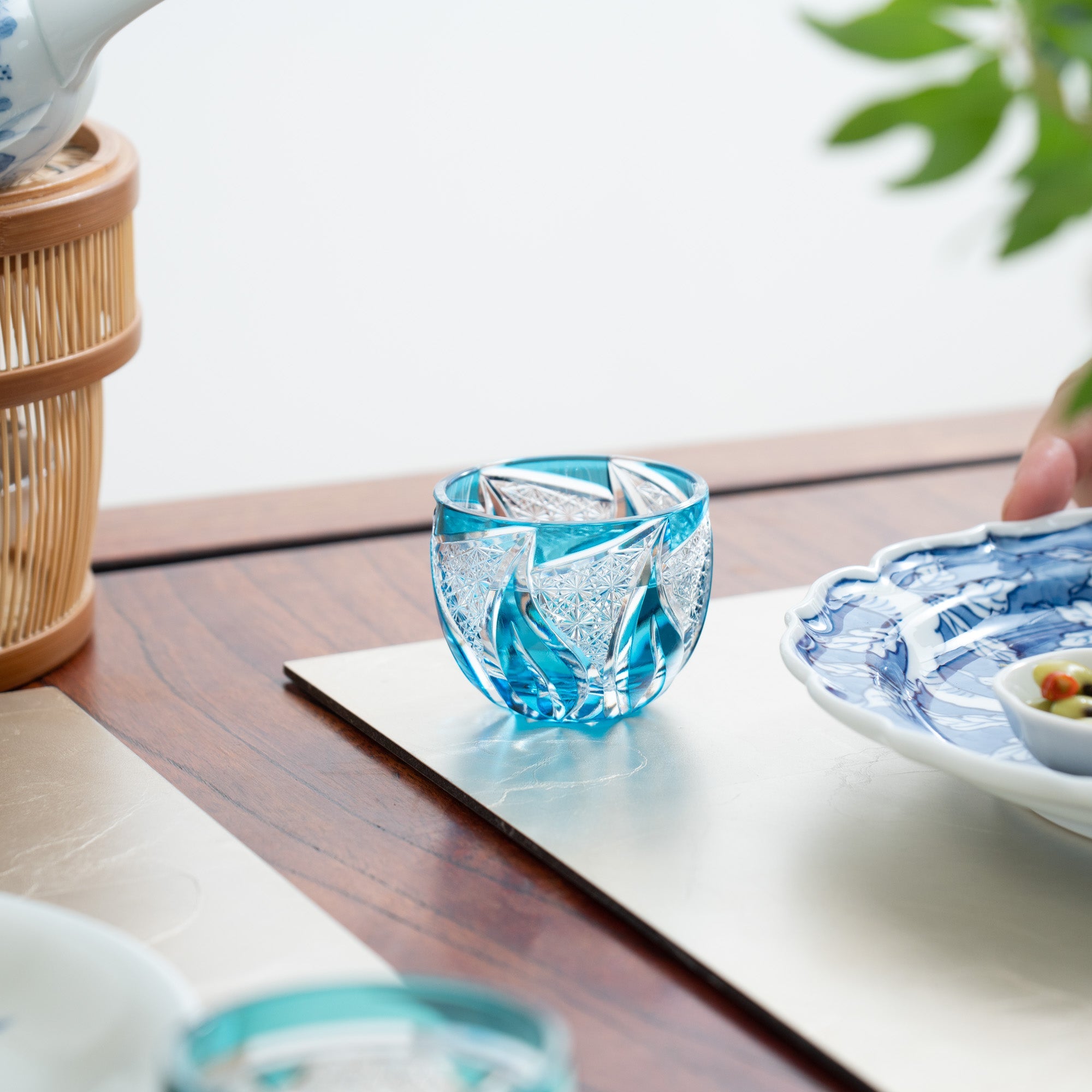 Kiyohide Glass Blue Flame Edo Kiriko Cut Glass Guinomi Sake Cup - MUSUBI KILN - Quality Japanese Tableware and Gift