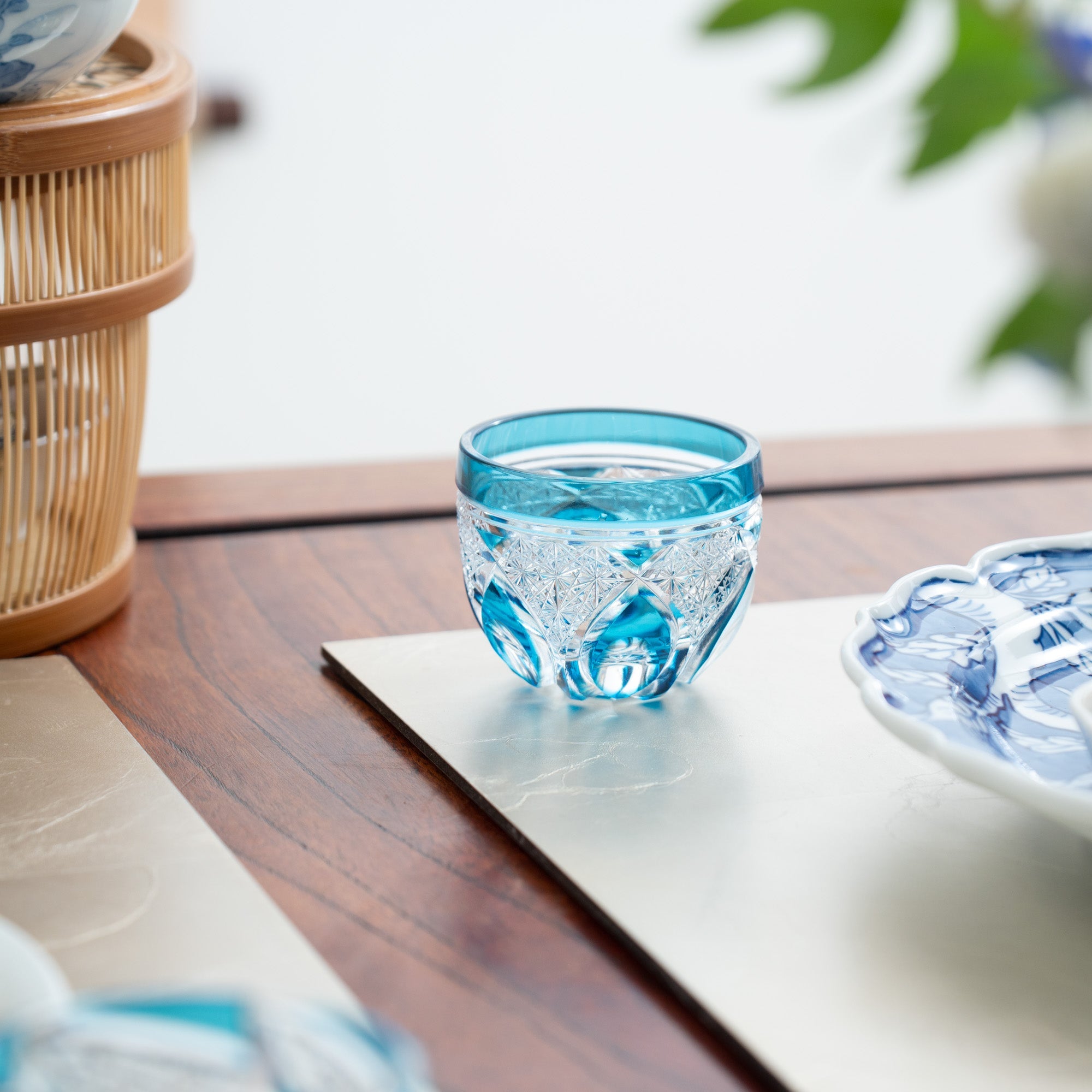 Kiyohide Glass Blue Flower Petals Edo Kiriko Cut Glass Guinomi Sake Cup - MUSUBI KILN - Quality Japanese Tableware and Gift