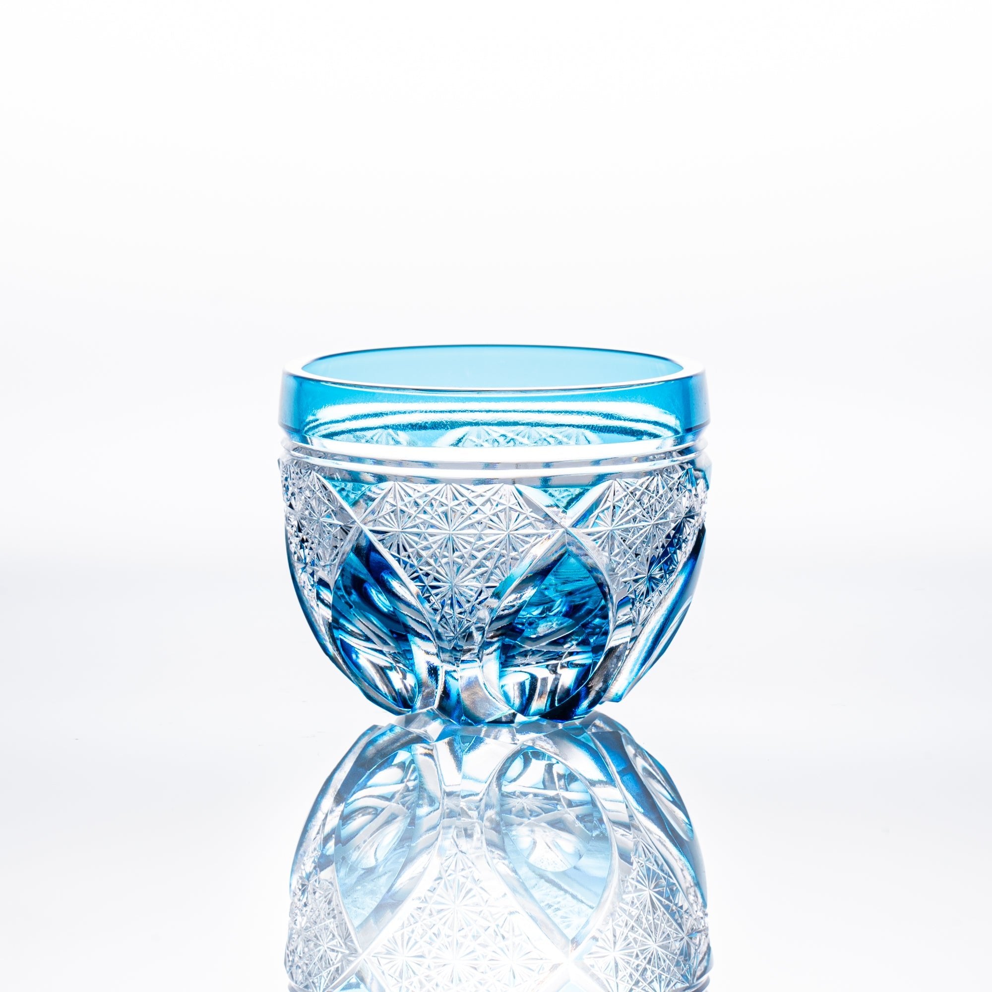 Kiyohide Glass Blue Flower Petals Edo Kiriko Cut Glass Guinomi Sake Cup - MUSUBI KILN - Quality Japanese Tableware and Gift