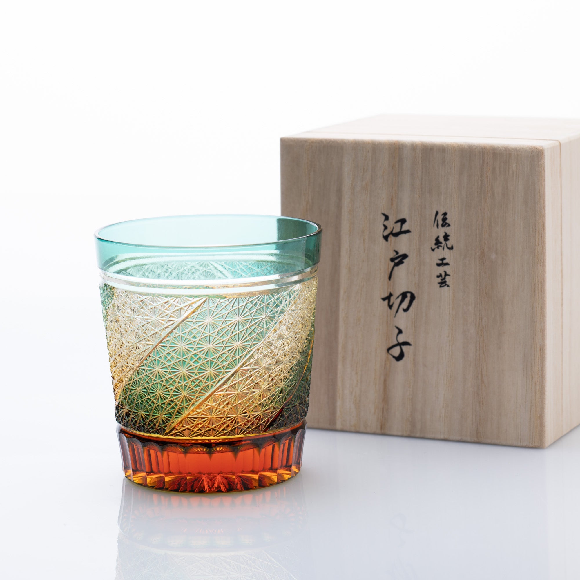 Kiyohide Glass Green Amber Edo Kiriko Rocks Glass - MUSUBI KILN - Quality Japanese Tableware and Gift