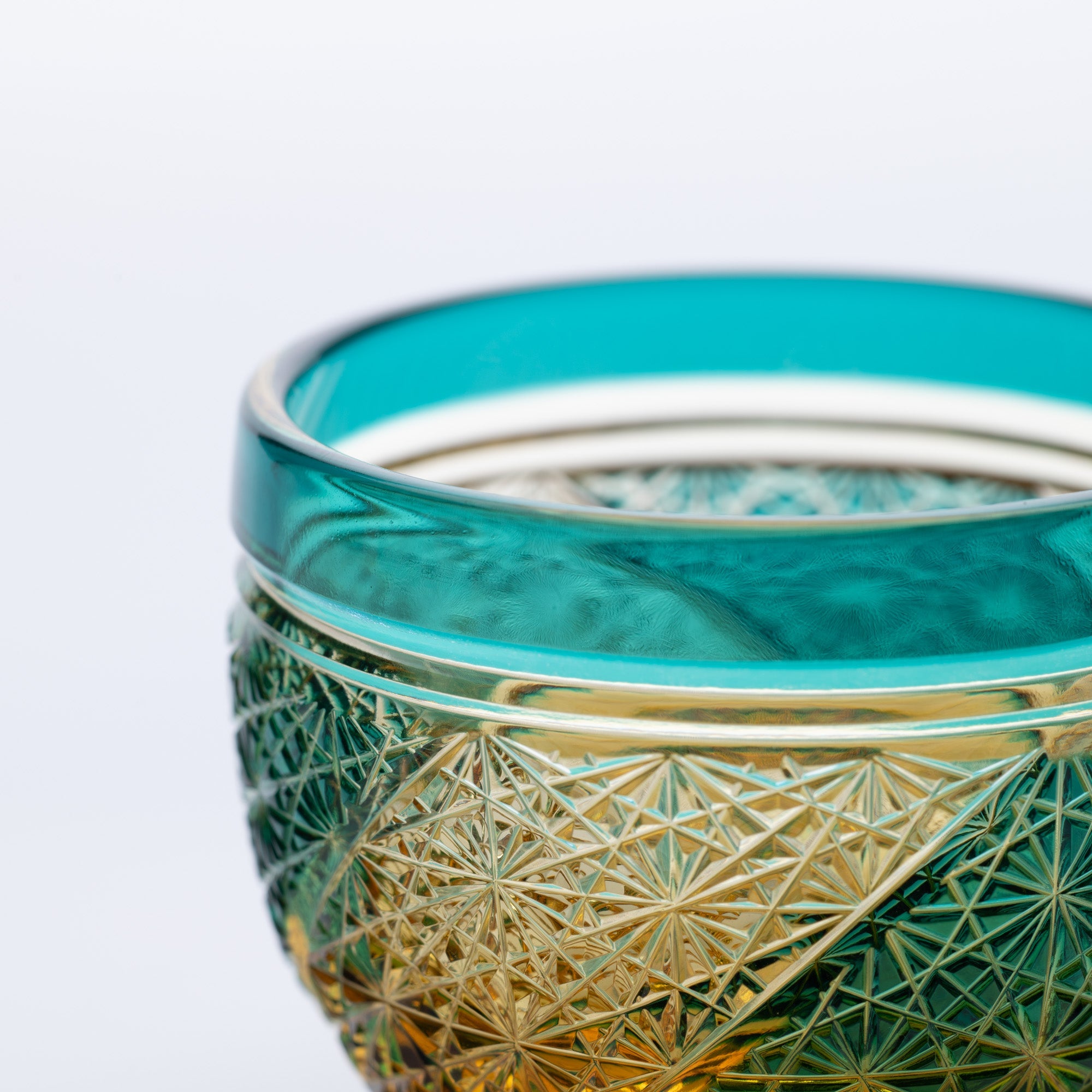 Kiyohide Glass Green Amber Whirlwind Edo Kiriko Guinomi Sake Cup - MUSUBI KILN - Quality Japanese Tableware and Gift