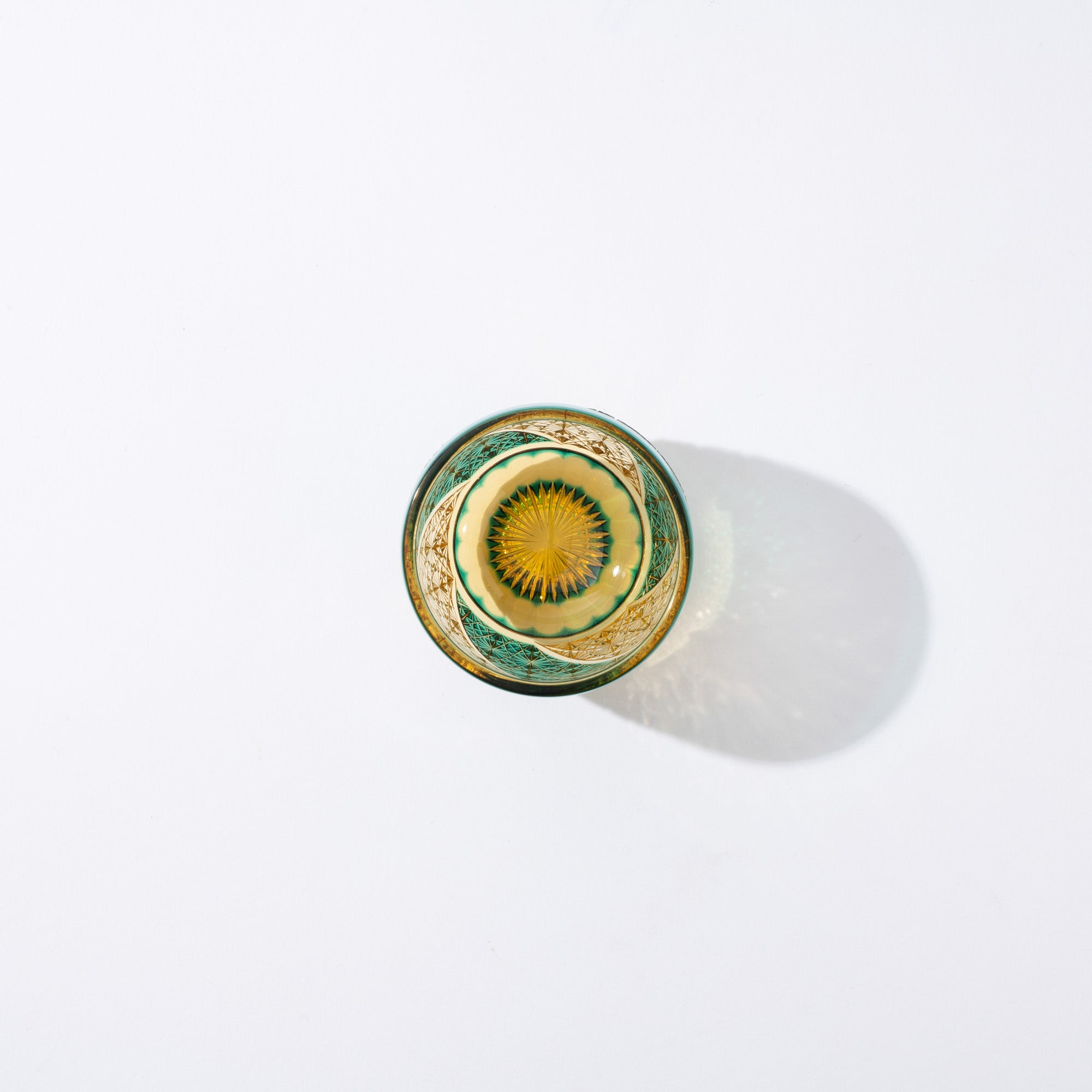 Kiyohide Glass Green Amber Whirlwind Edo Kiriko Guinomi Sake Cup - MUSUBI KILN - Quality Japanese Tableware and Gift